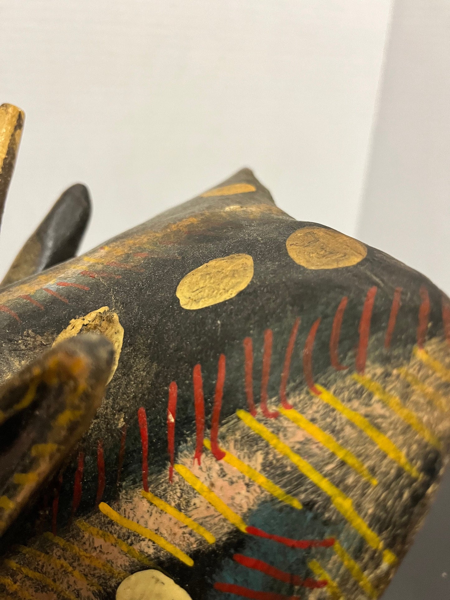 9 inch polychrome antique South American mask great paint and patina an overall amazing tribal look very unique features in detail