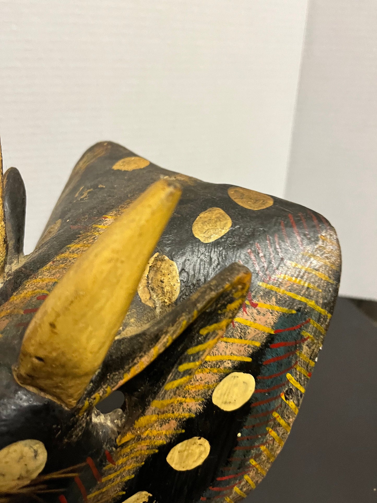 9 inch polychrome antique South American mask great paint and patina an overall amazing tribal look very unique features in detail