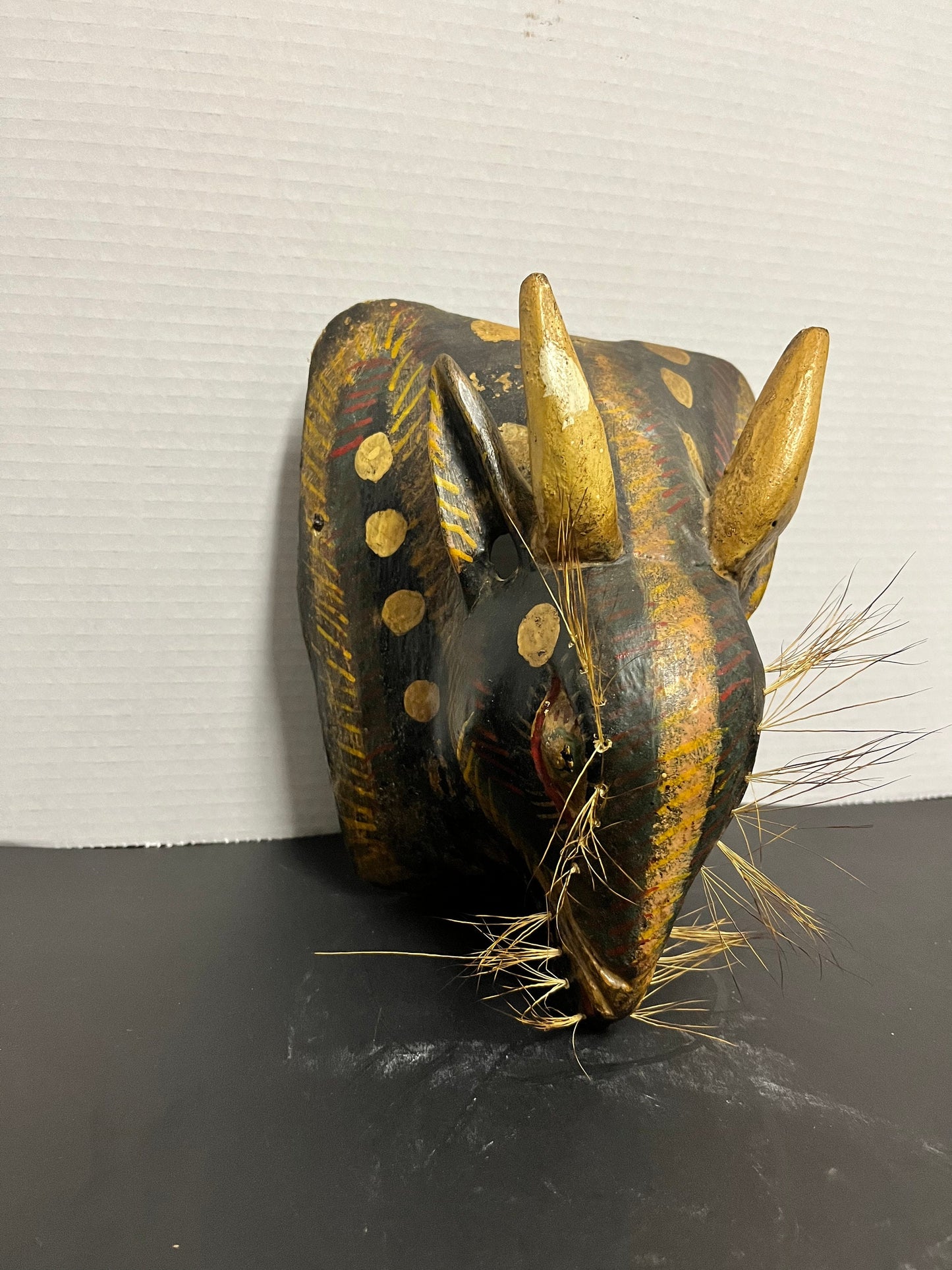 9 inch polychrome antique South American mask great paint and patina an overall amazing tribal look very unique features in detail