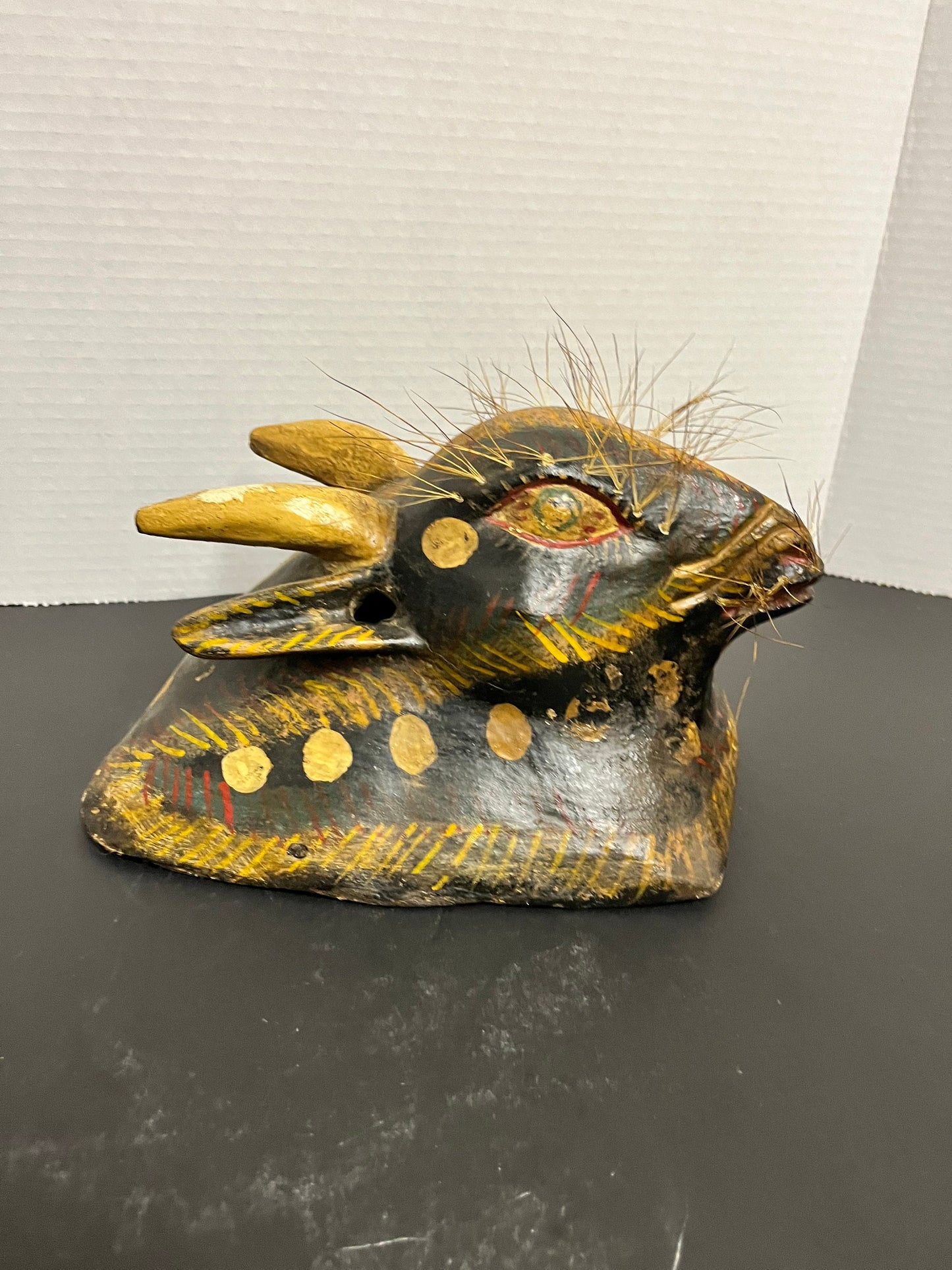 9 inch polychrome antique South American mask great paint and patina an overall amazing tribal look very unique features in detail