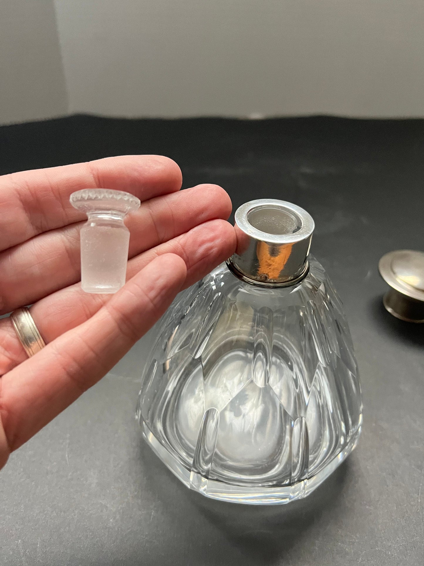 5.5 English sterling topped perfume bottle with original stopper hallmarked and good condition antique Beauty great condition gift