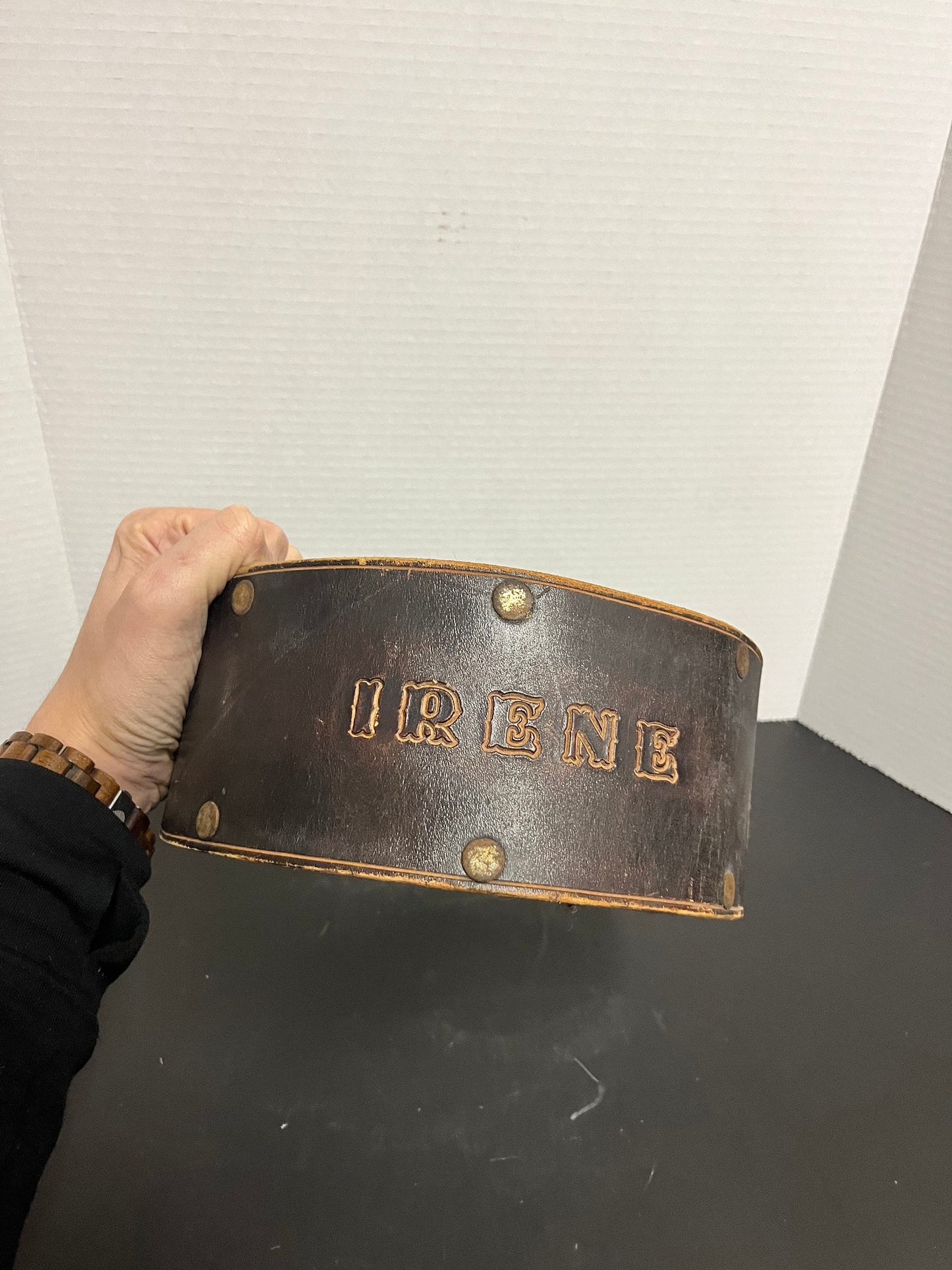 35 inch museum quality antique, amazing Vancouver bodybuilding womens leather belt with Irenes name embossed upon it super gift