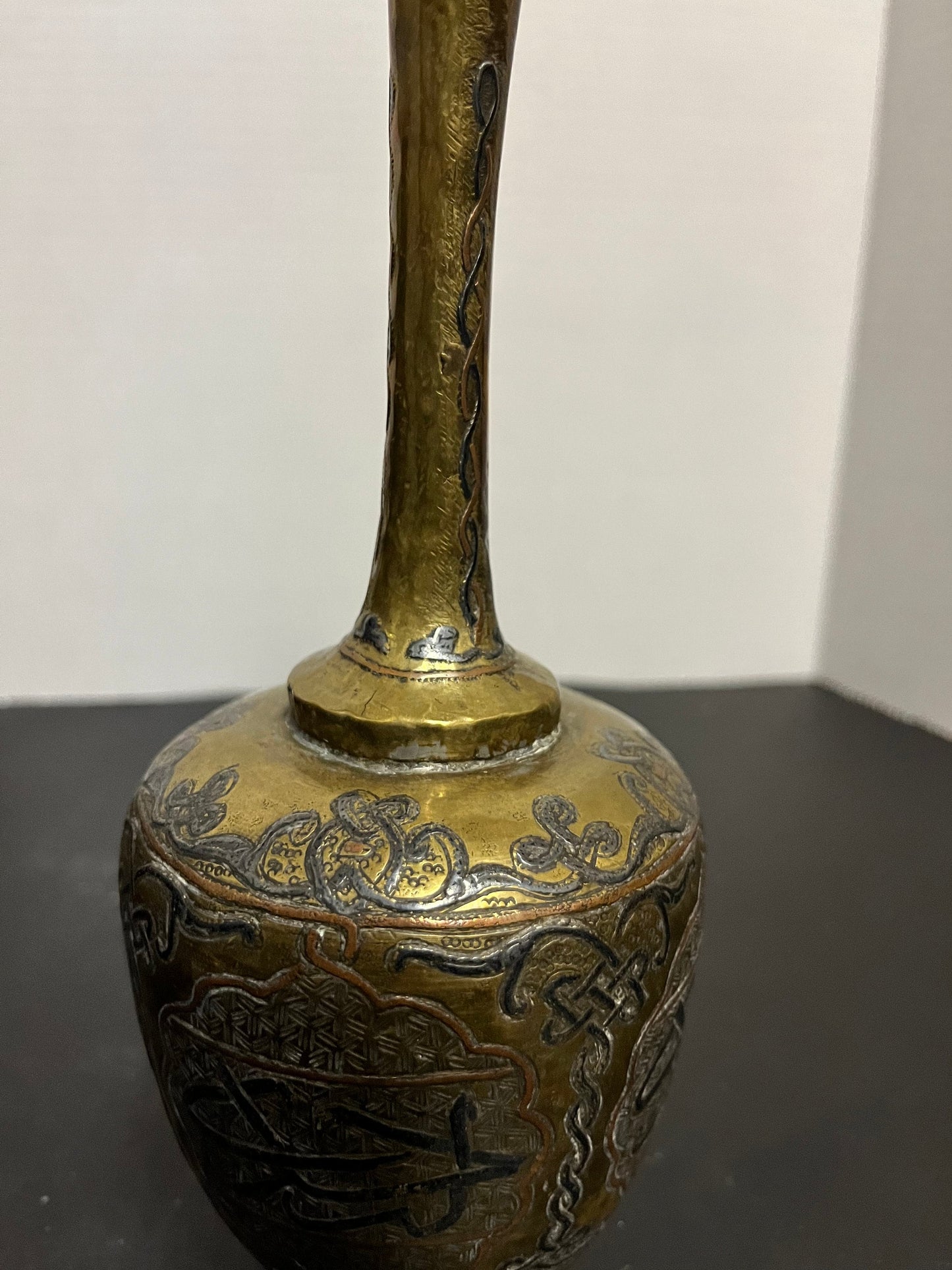 Fantastic 10 inch tall, antique, silver brass, and copper Persian vase with great detail and wonderful patina  perfect gift