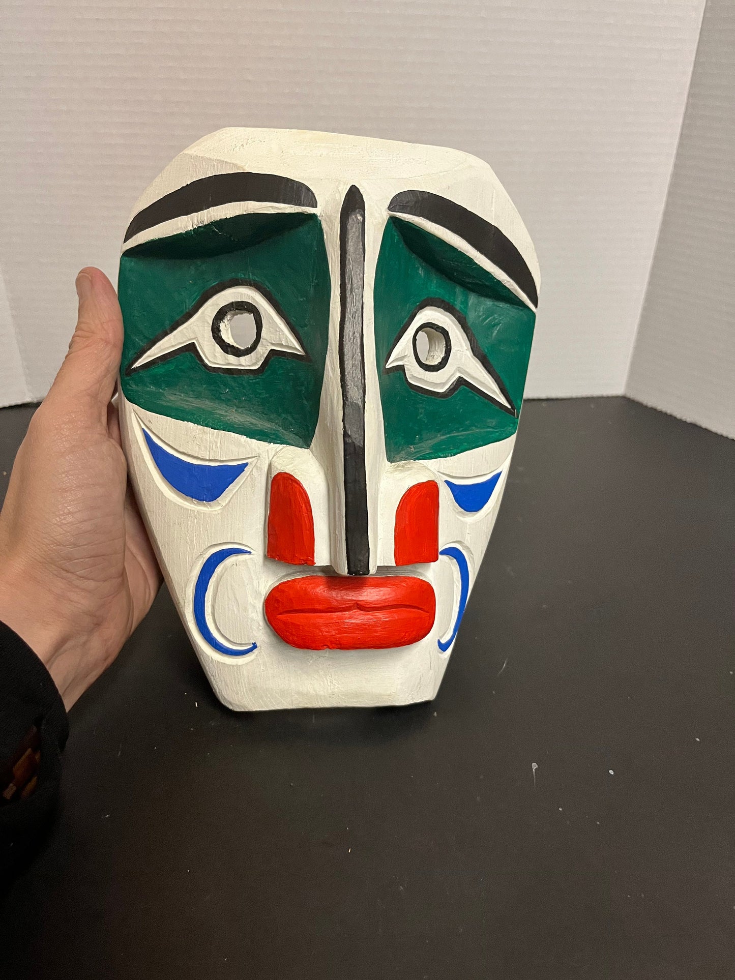 Stunning 9 inch signed, indigenous first nations carved and well painted Mask wonderful imagery, and ready to hang and perfect gift