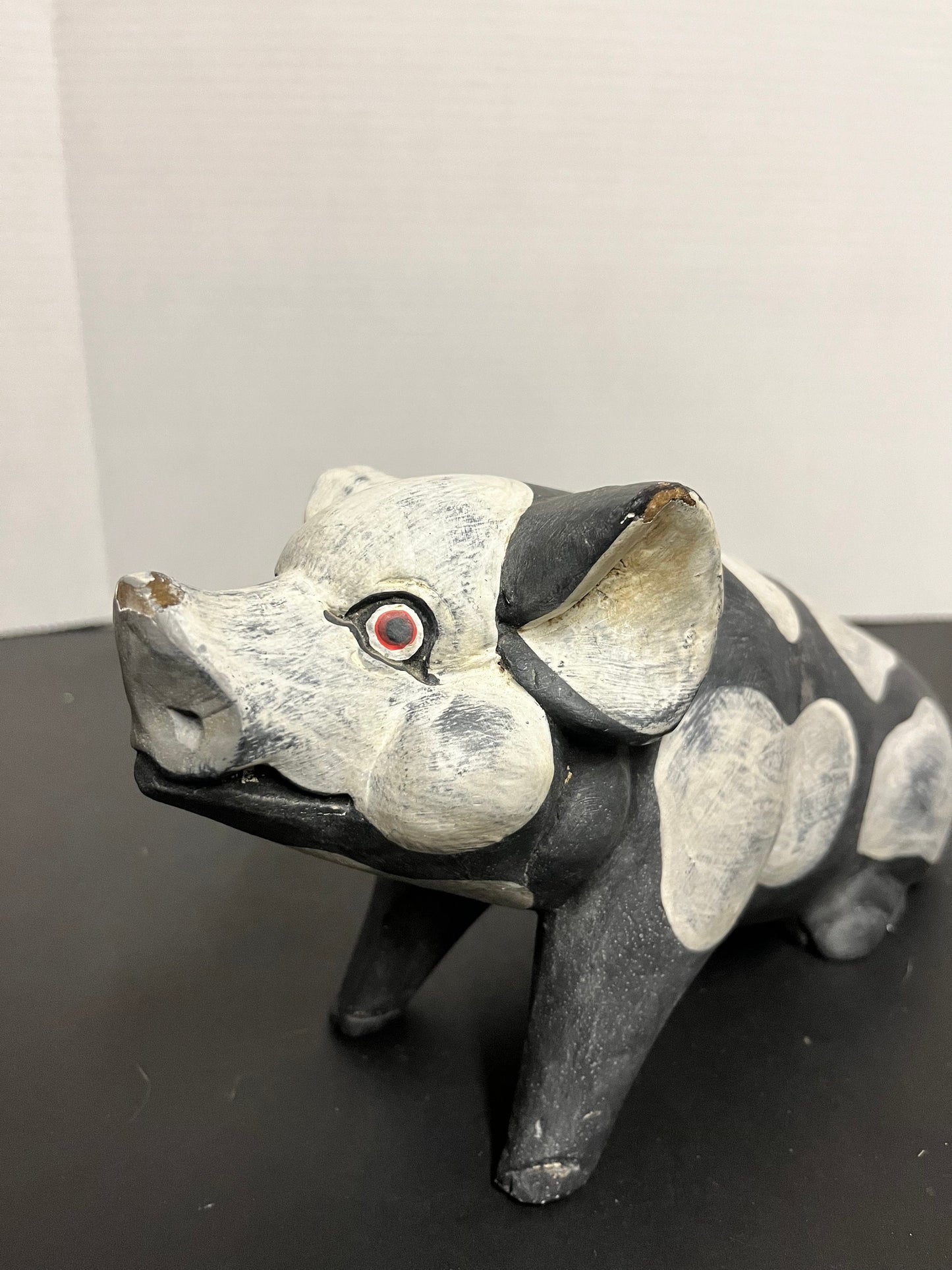 12 x 5 high, authentically, cool, antique, one-of-a-kind, folk art hand painted wooden pig amazing patina, and a perfect gift