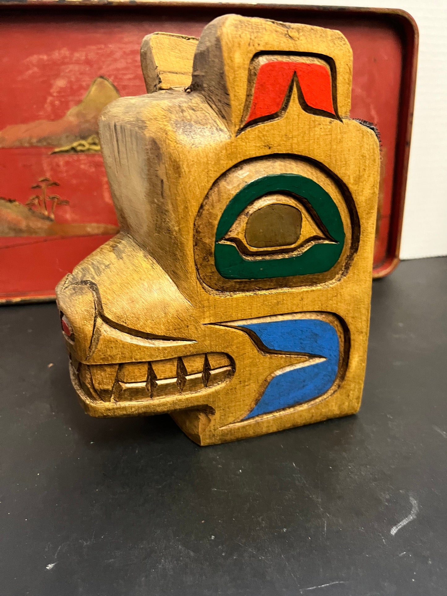 Fabulous 7 inch high and 5 across  indigenous, first nations pacific northwest coast hanging mask with copper eyes  wow  great price