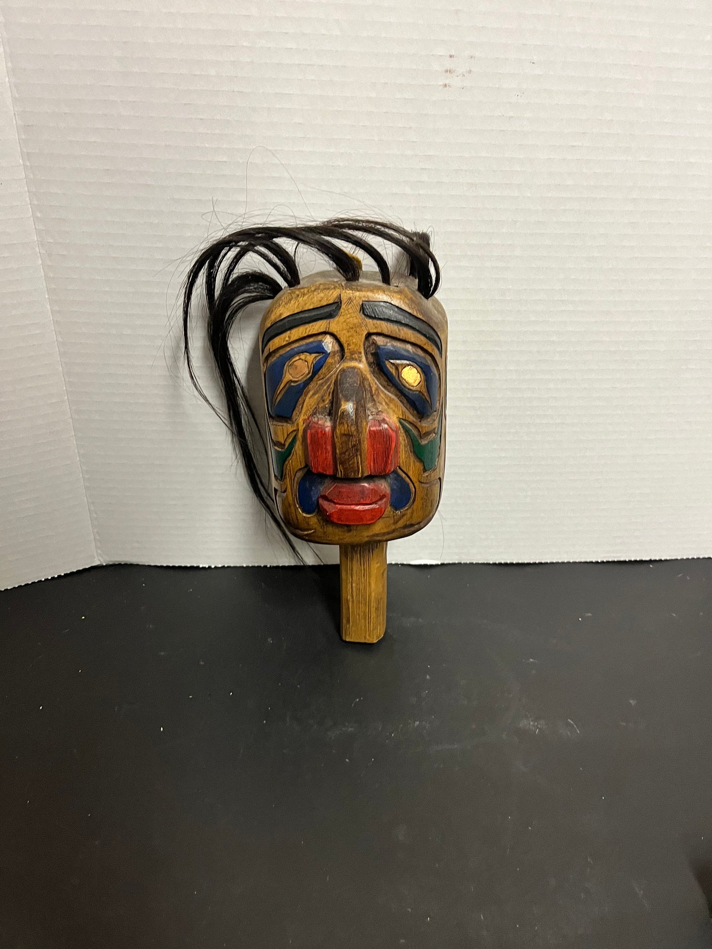 Fabulous 7 x 4 indigenous first nations pacific northwest coast signed cedar polychrome painted Rattle  great sound   wow wow