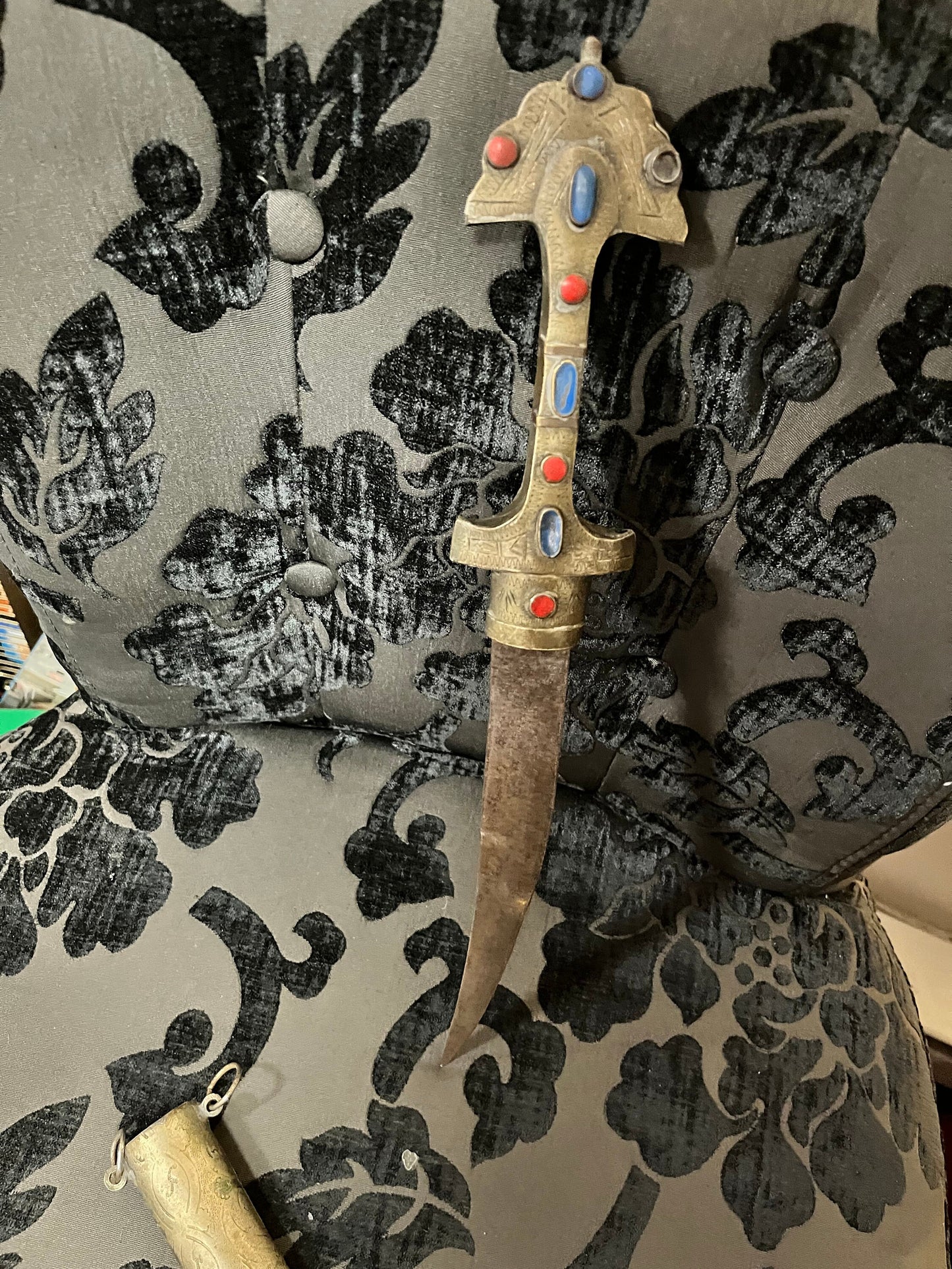 15 inch middle Eastern super cool brass dagger in sheaf with cartouches older piece in good condition collectors piece or gift