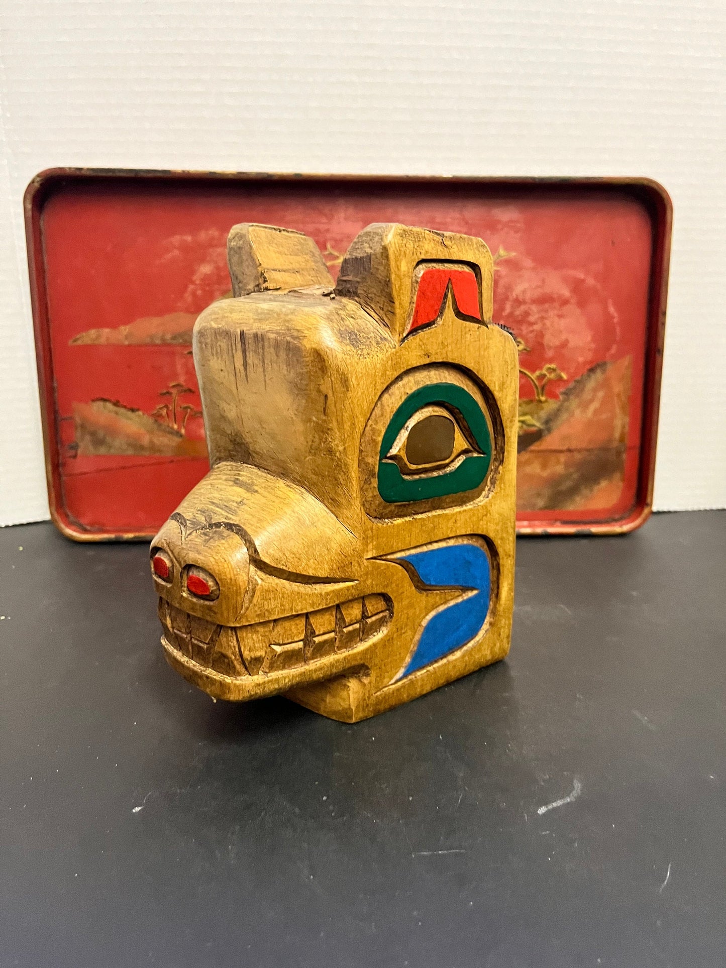 Fabulous 7 inch high and 5 across  indigenous, first nations pacific northwest coast hanging mask with copper eyes  wow  great price