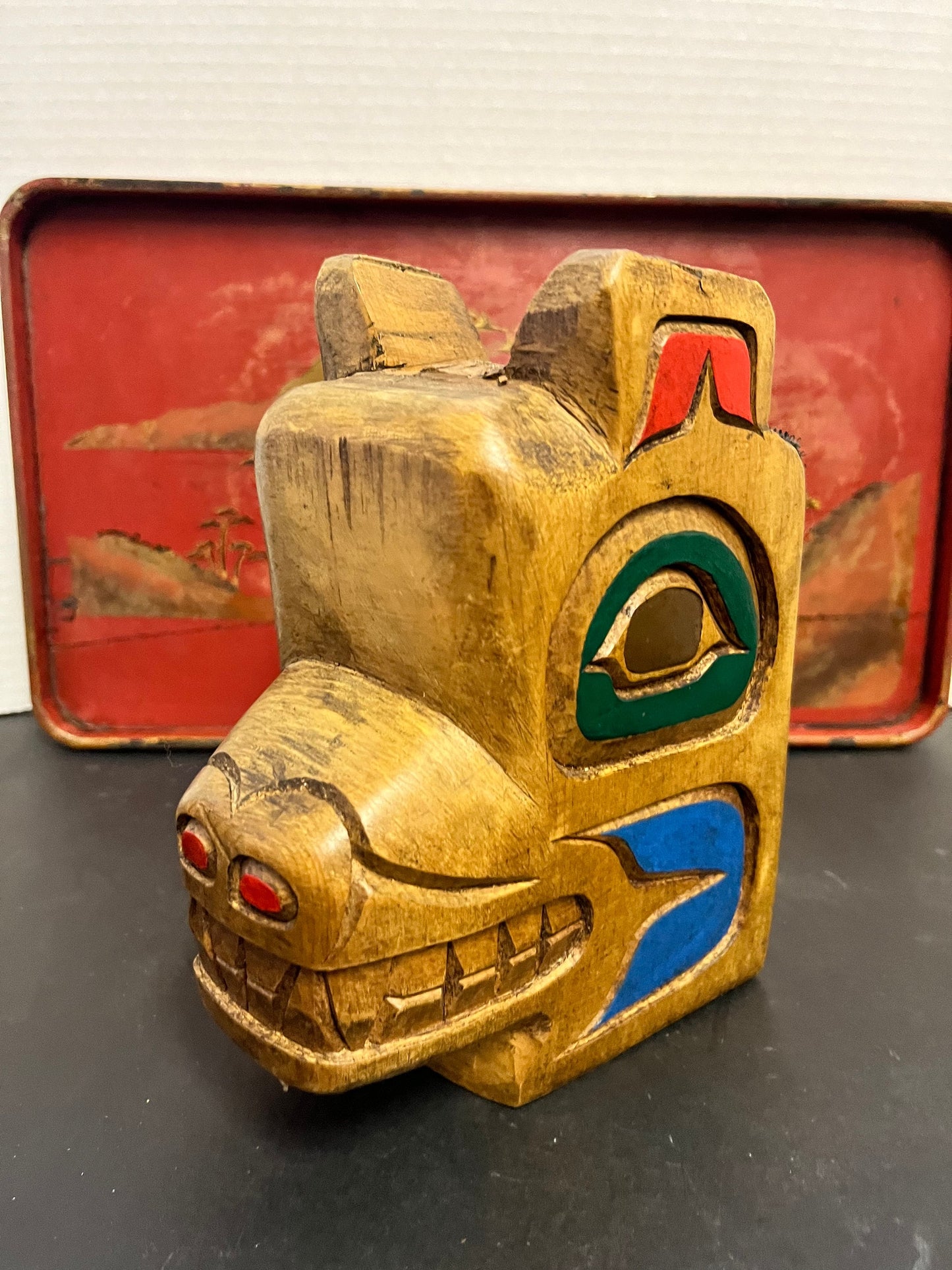 Fabulous 7 inch high and 5 across  indigenous, first nations pacific northwest coast hanging mask with copper eyes  wow  great price