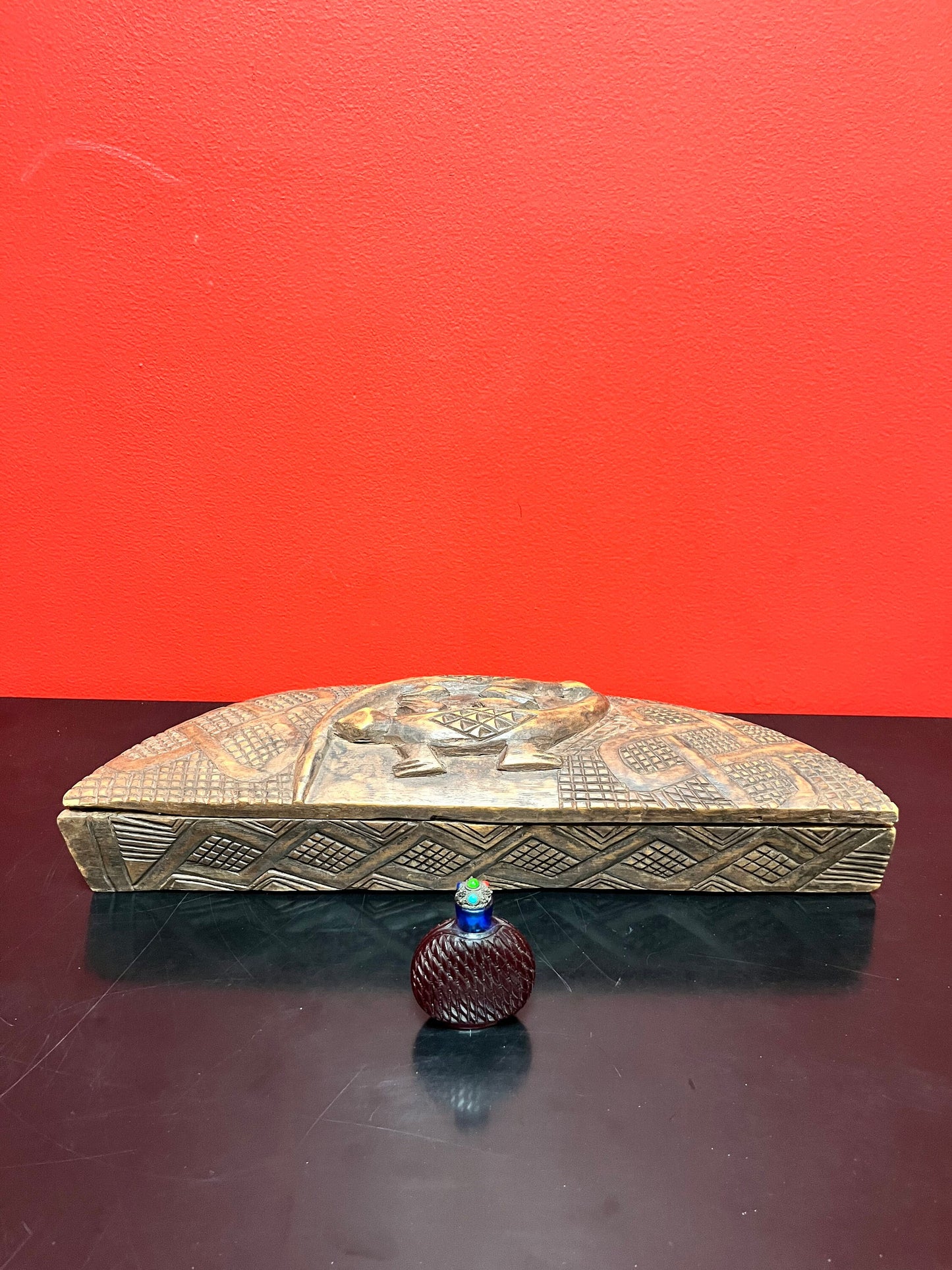 An A Unusual 16 x 6 x 2 deep Indonesian carved antique box with so much character wow great detail wow