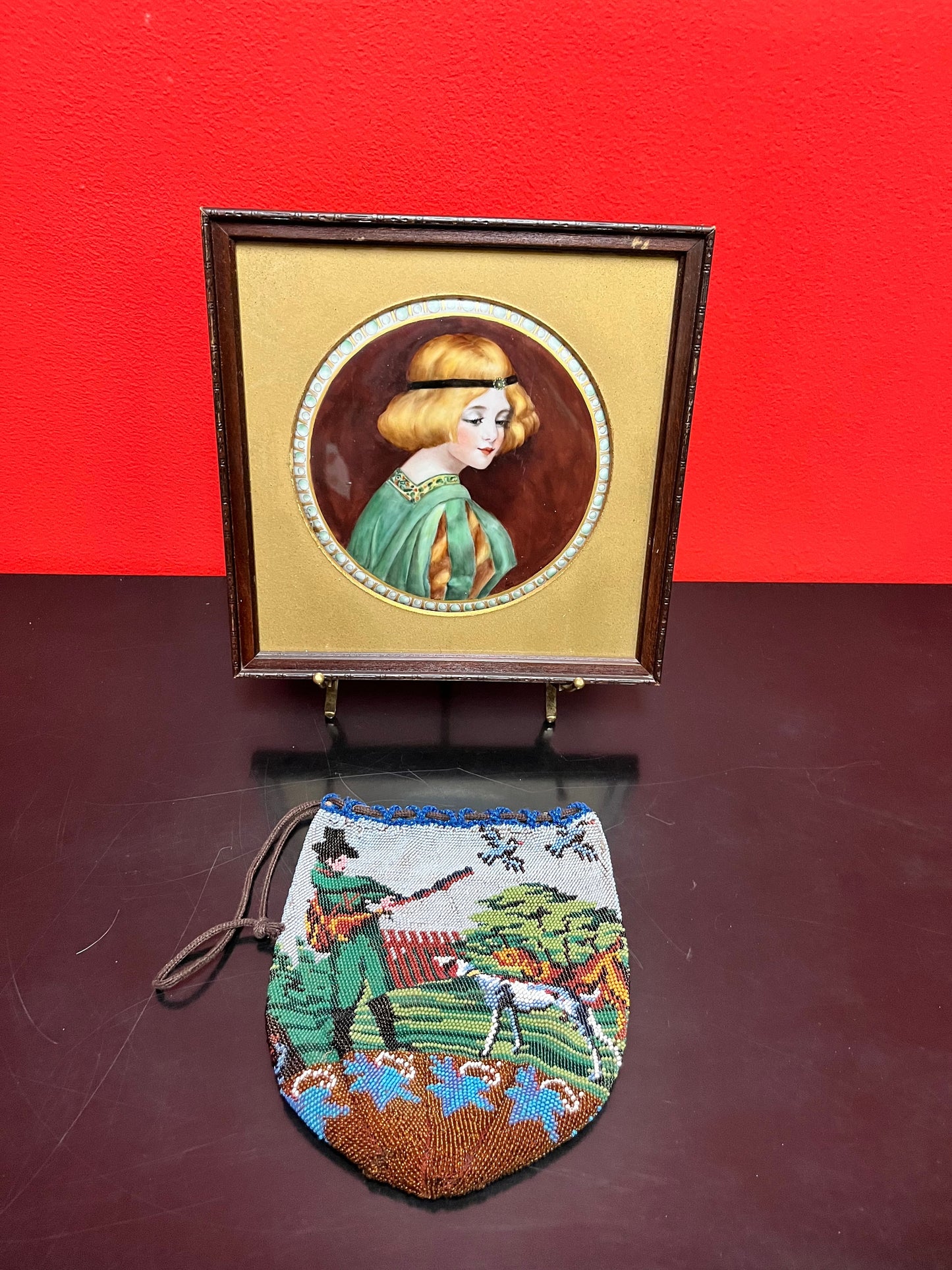 Stunning 9 inch Victorian European framed handpainted plaque exquisite detail in painting and wonderful condition - signed on back- wow