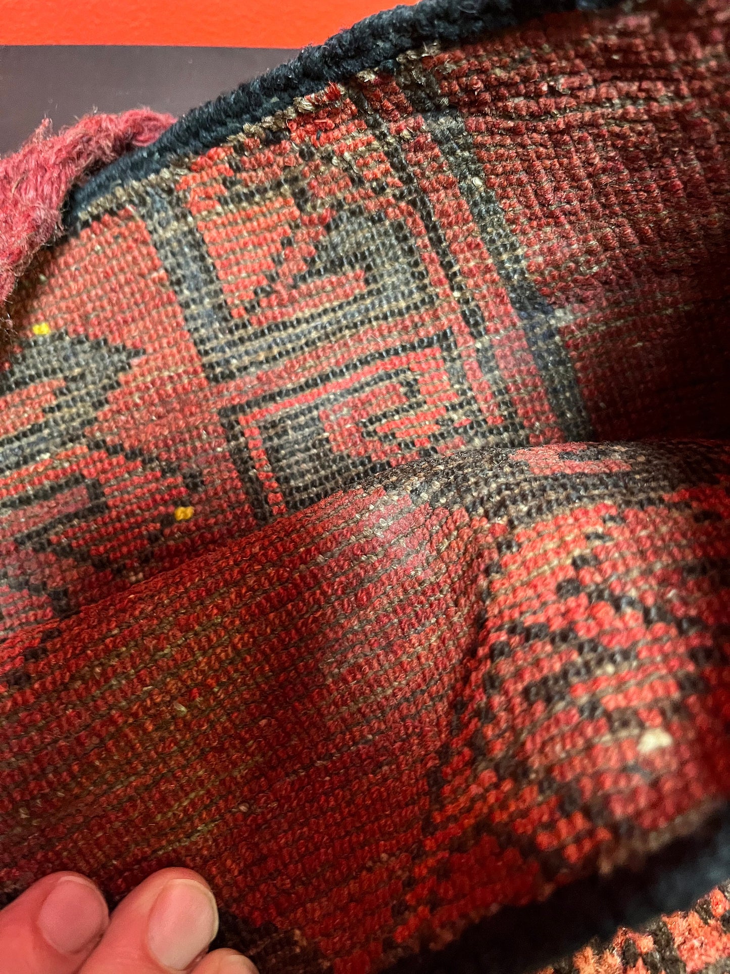 Stunning 34 x 15 Middle Eastern antique hand woven carpet bag good condition little rough at the bottom - wow