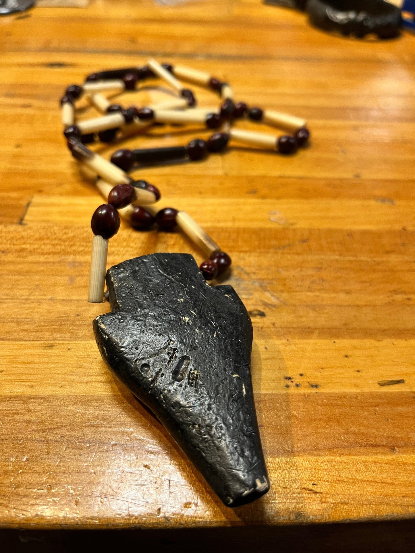 32 inch long African horn bead and wood necklace so cool
