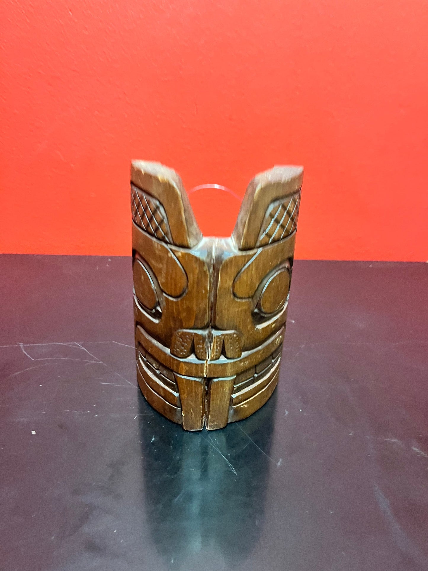 A stunning, 5 inch tall, indigenous, first nations, pacific northwest coast authentic cedar bear mask