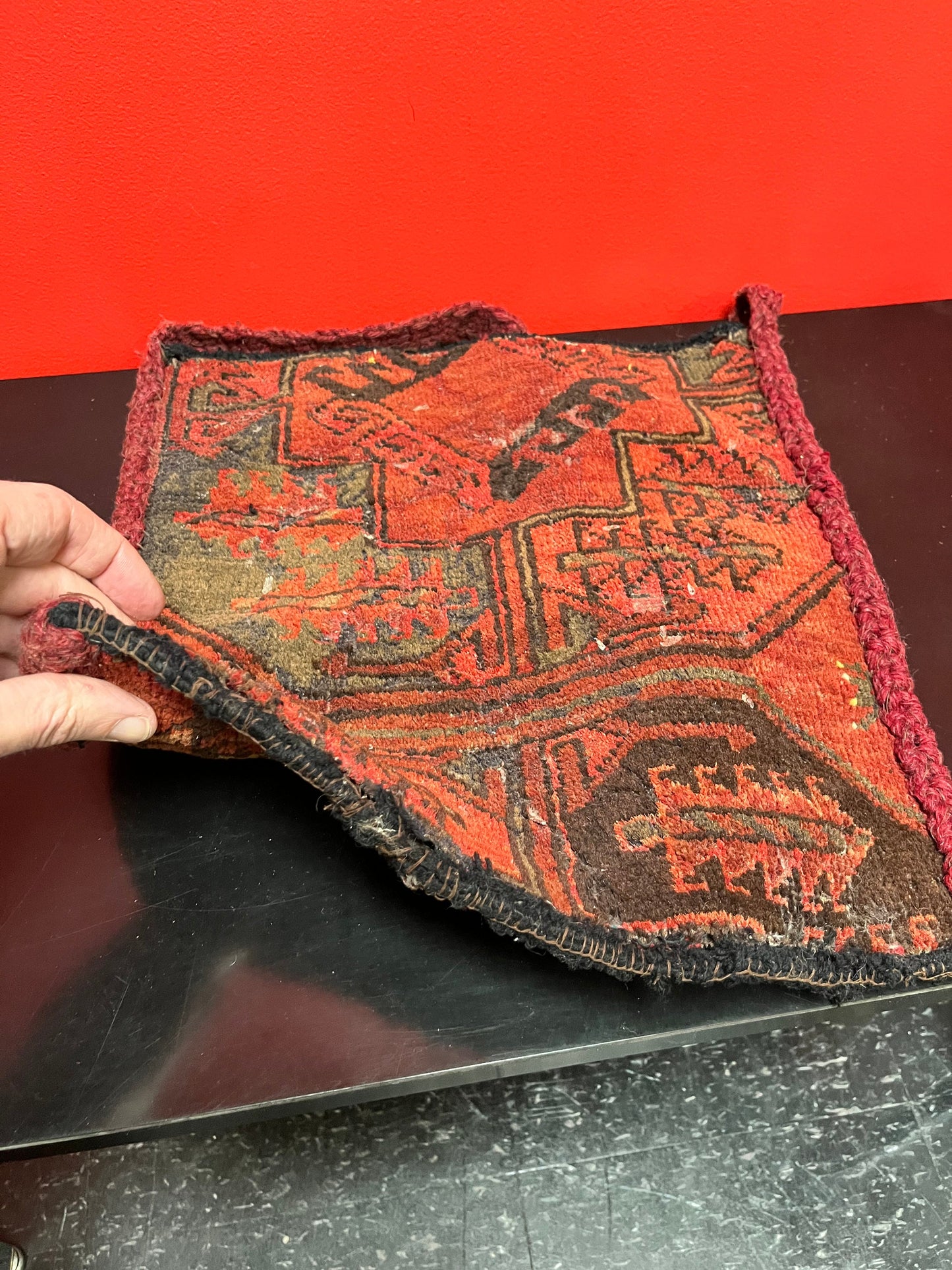 Stunning 34 x 15 Middle Eastern antique hand woven carpet bag good condition little rough at the bottom - wow