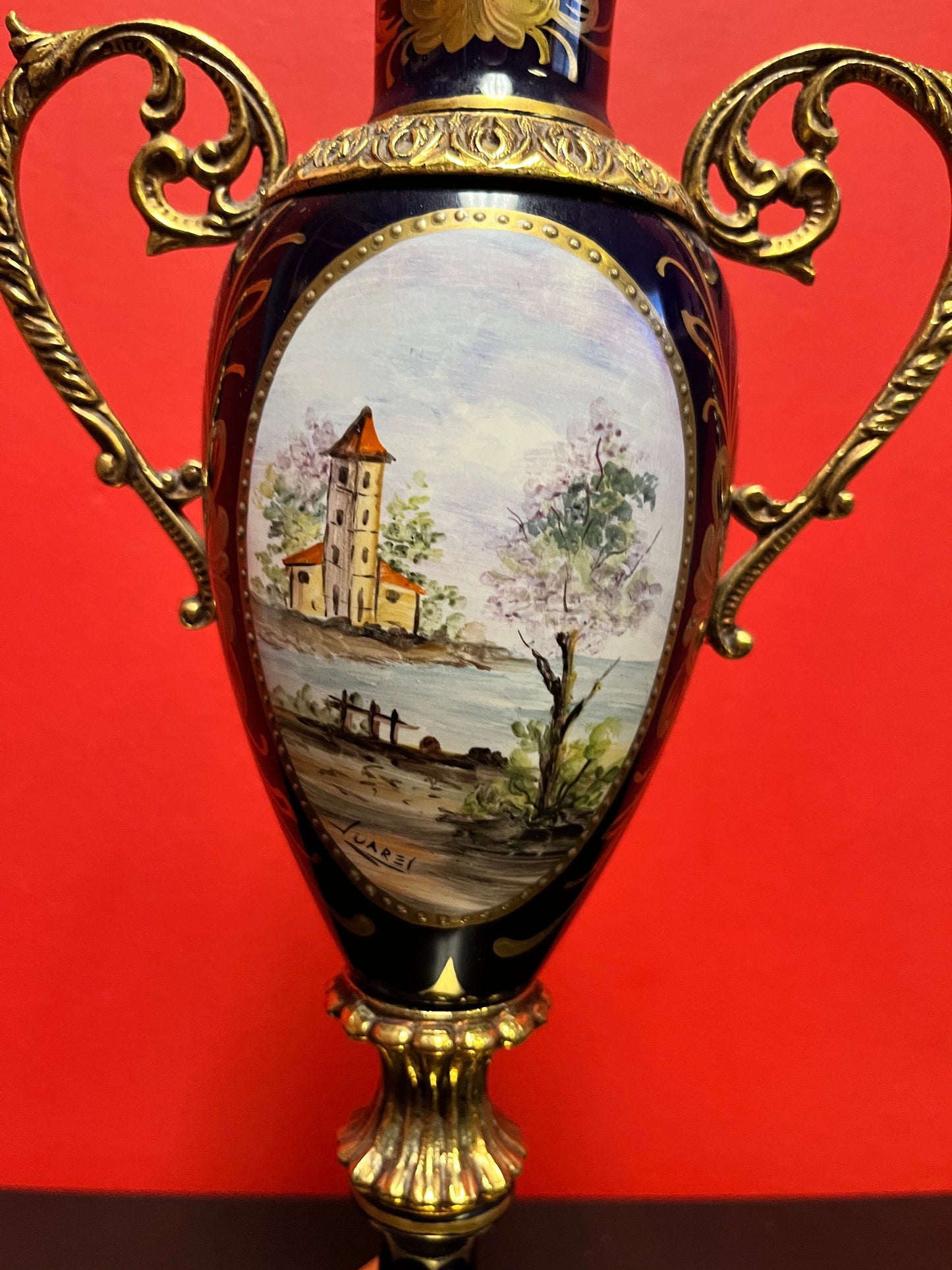 Stunning large 14.5 inch French porcelain  sevres antique signed hand painted iron with gilt mint condition and signed  value priced