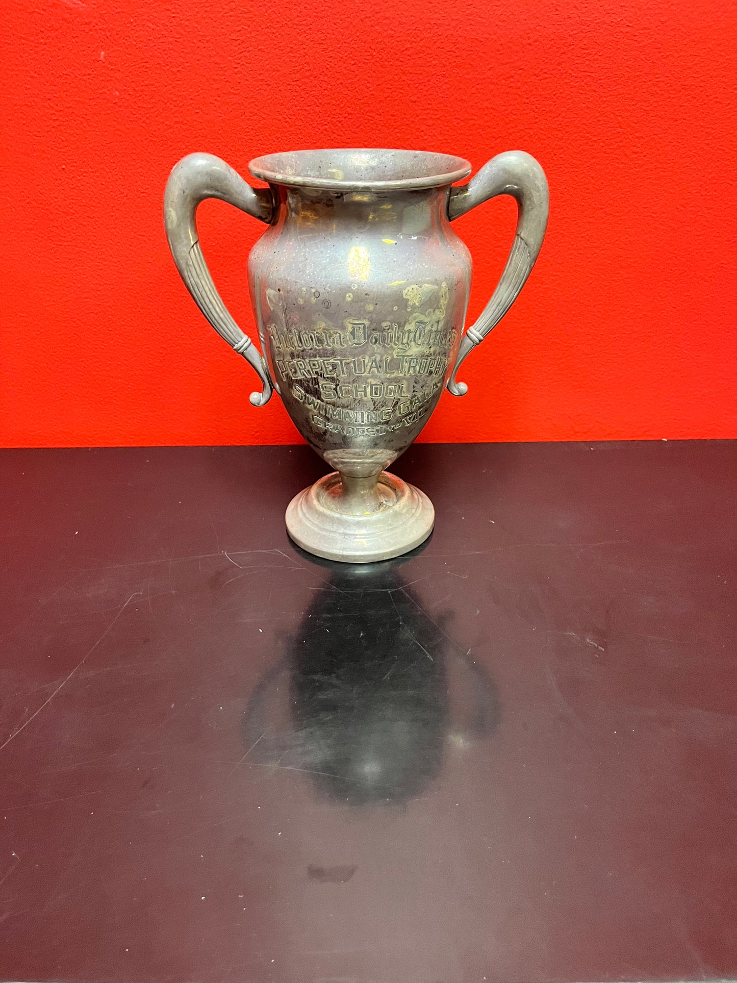Fabulous huge 10 inch silver plated 1950s swimming trophy  lovely patina, and really fascinating piece of Victoria, BC history!!!