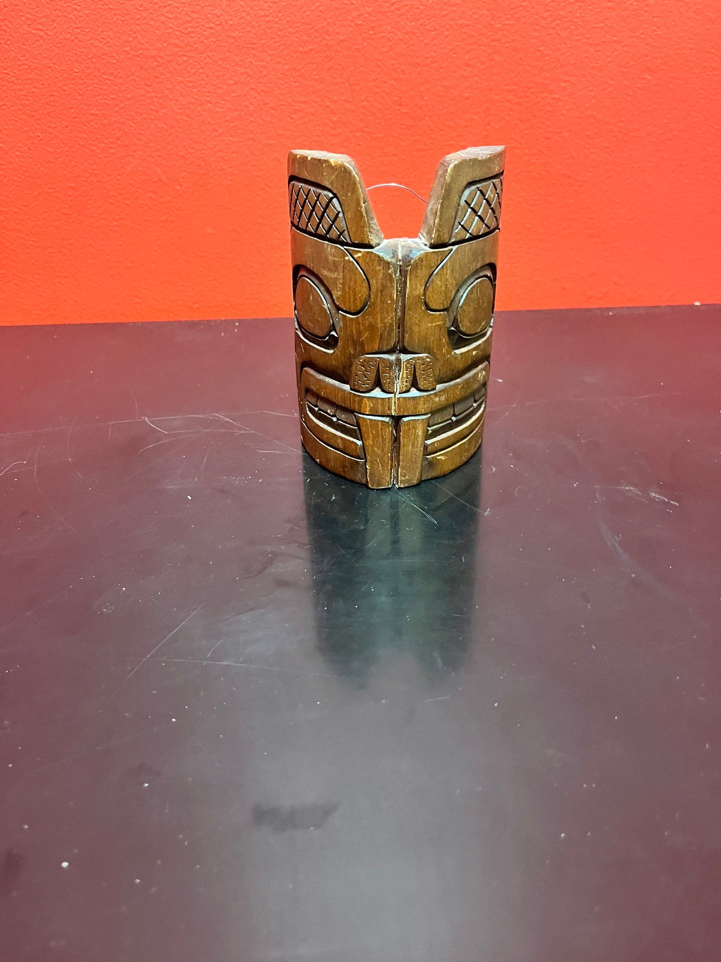 A stunning, 5 inch tall, indigenous, first nations, pacific northwest coast authentic cedar bear mask
