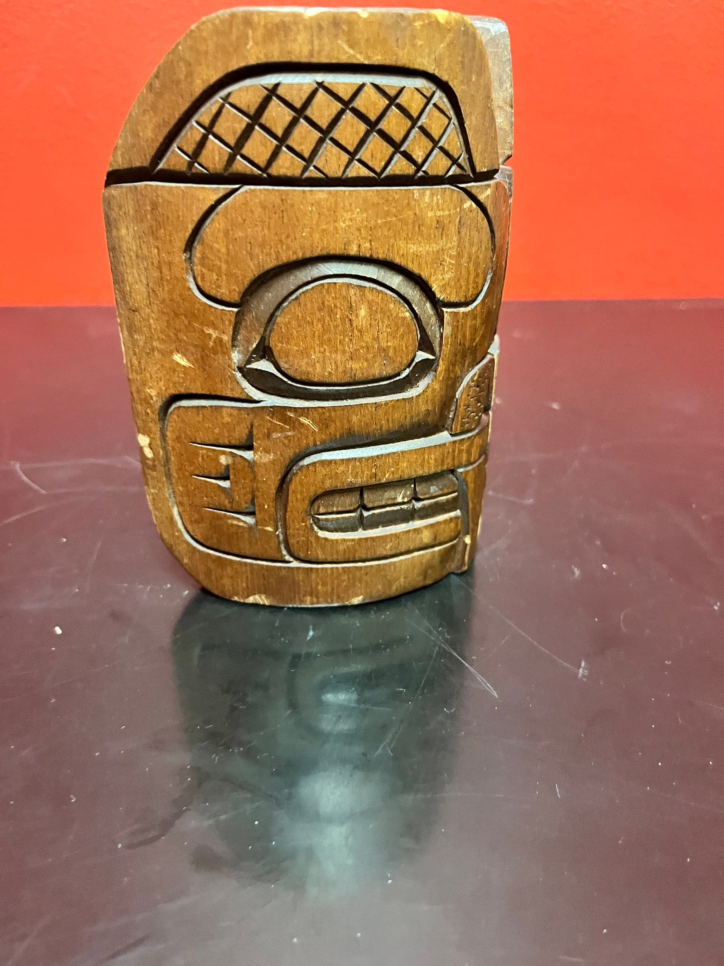 A stunning, 5 inch tall, indigenous, first nations, pacific northwest coast authentic cedar bear mask