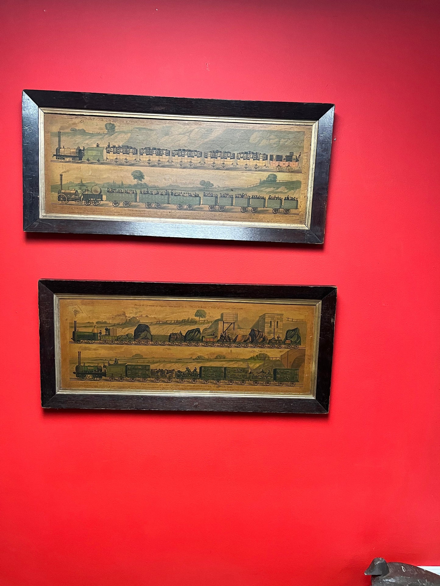 Stunning 1830s Liverpool to Manchester railway advertising pictures in Oak frames pair museum quality fabulous cond train memorabilia