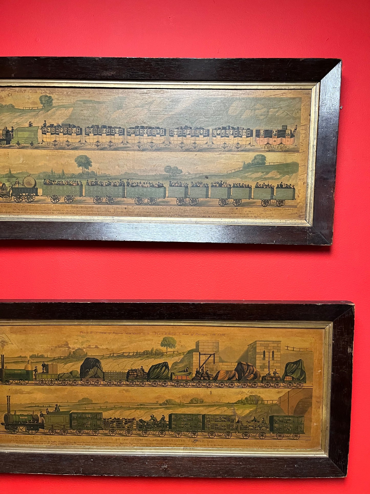 Stunning 1830s Liverpool to Manchester railway advertising pictures in Oak frames pair museum quality fabulous cond train memorabilia