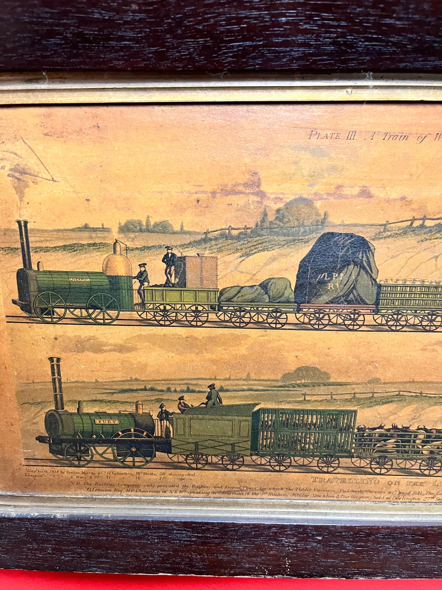 Stunning 1830s Liverpool to Manchester railway advertising pictures in Oak frames pair museum quality fabulous cond train memorabilia