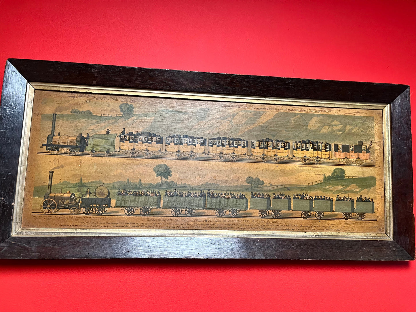 Stunning 1830s Liverpool to Manchester railway advertising pictures in Oak frames pair museum quality fabulous cond train memorabilia