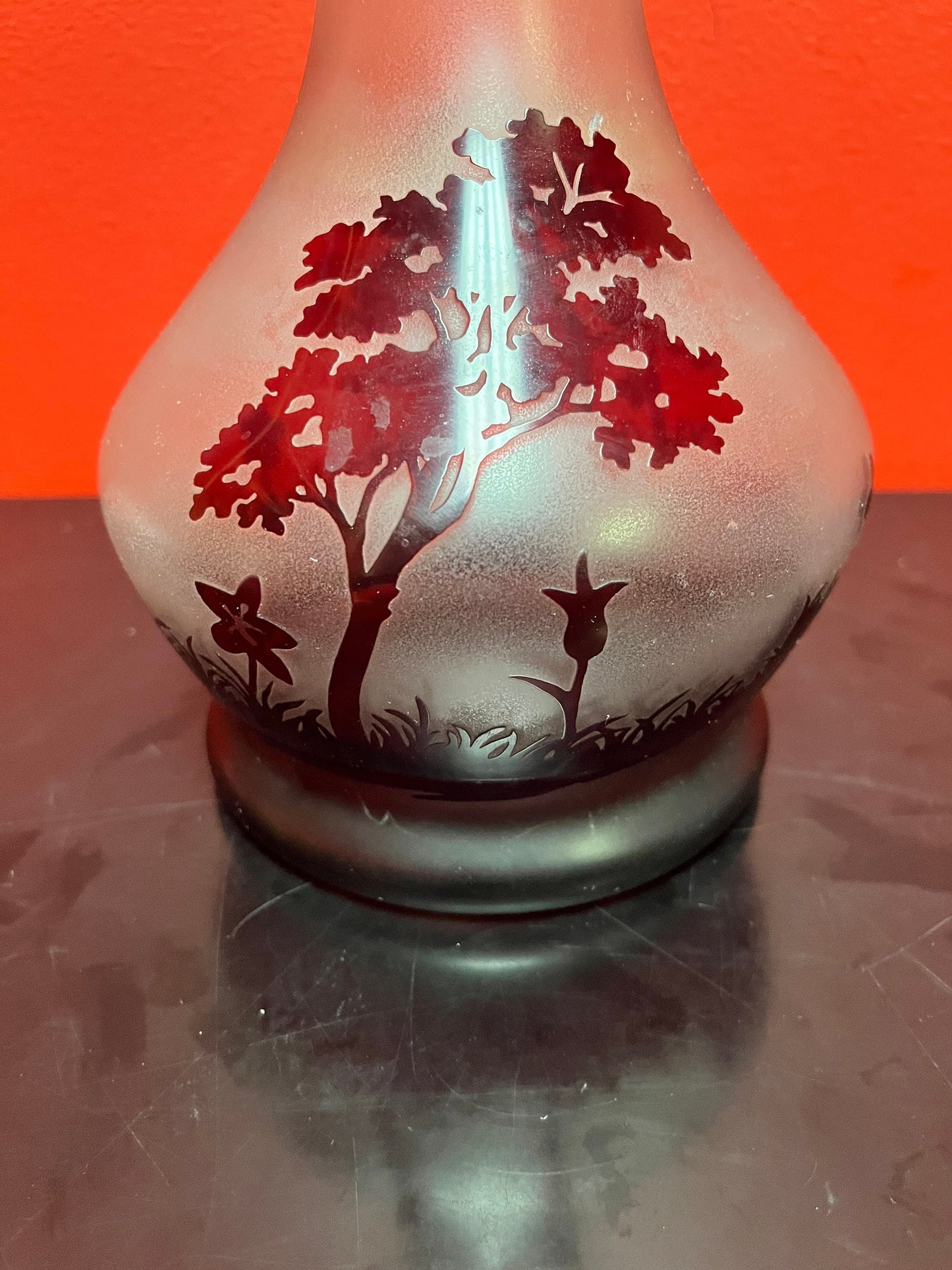 Antique stunning 10 inch high Galle style acid etched Ruby vases glass vase wow wow