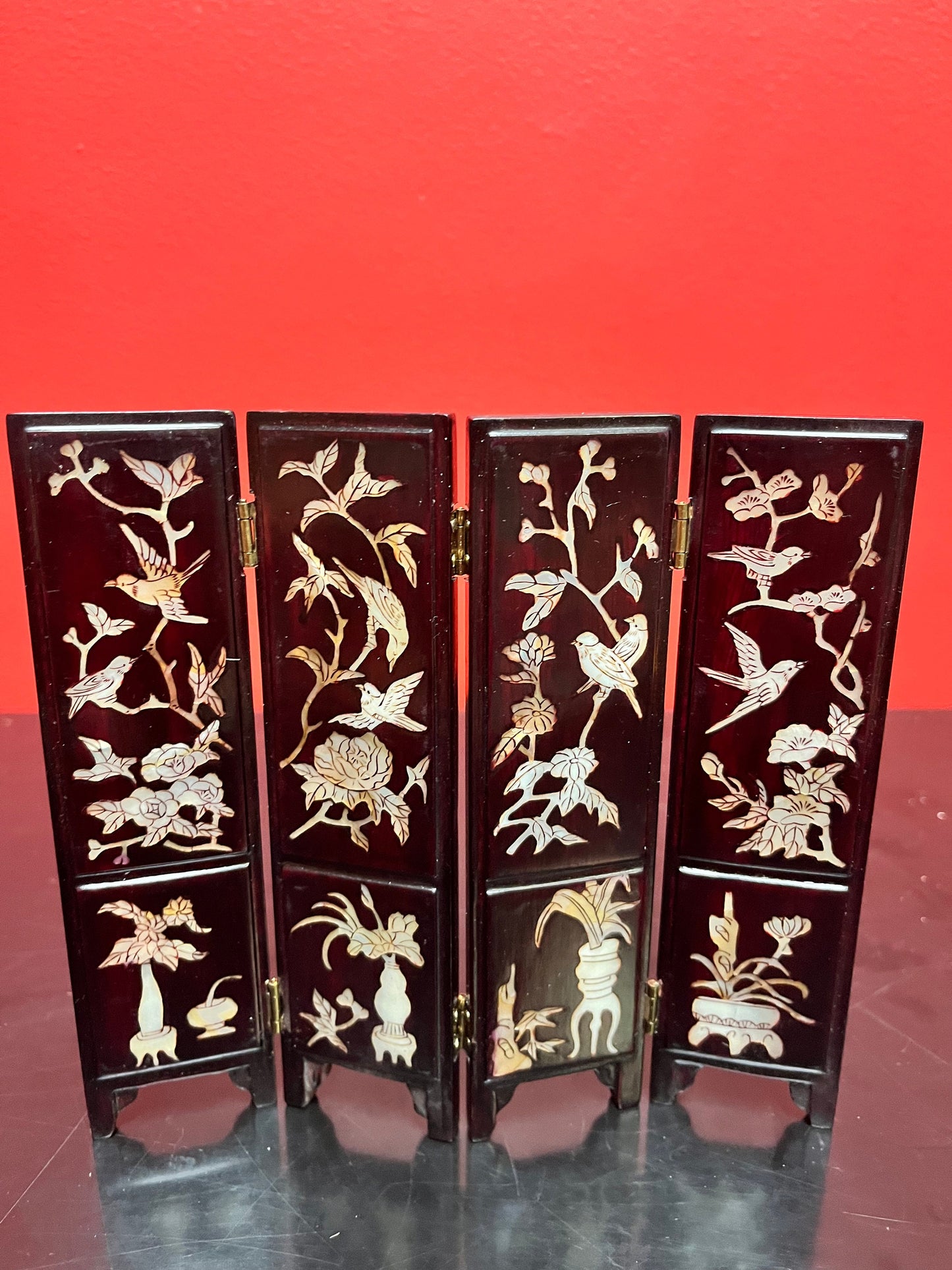 Stunning 7 x 6 high antique Chinese Rosewood miniature screen with mother of pearl inlay   4 seasons depicted- doll furniture?