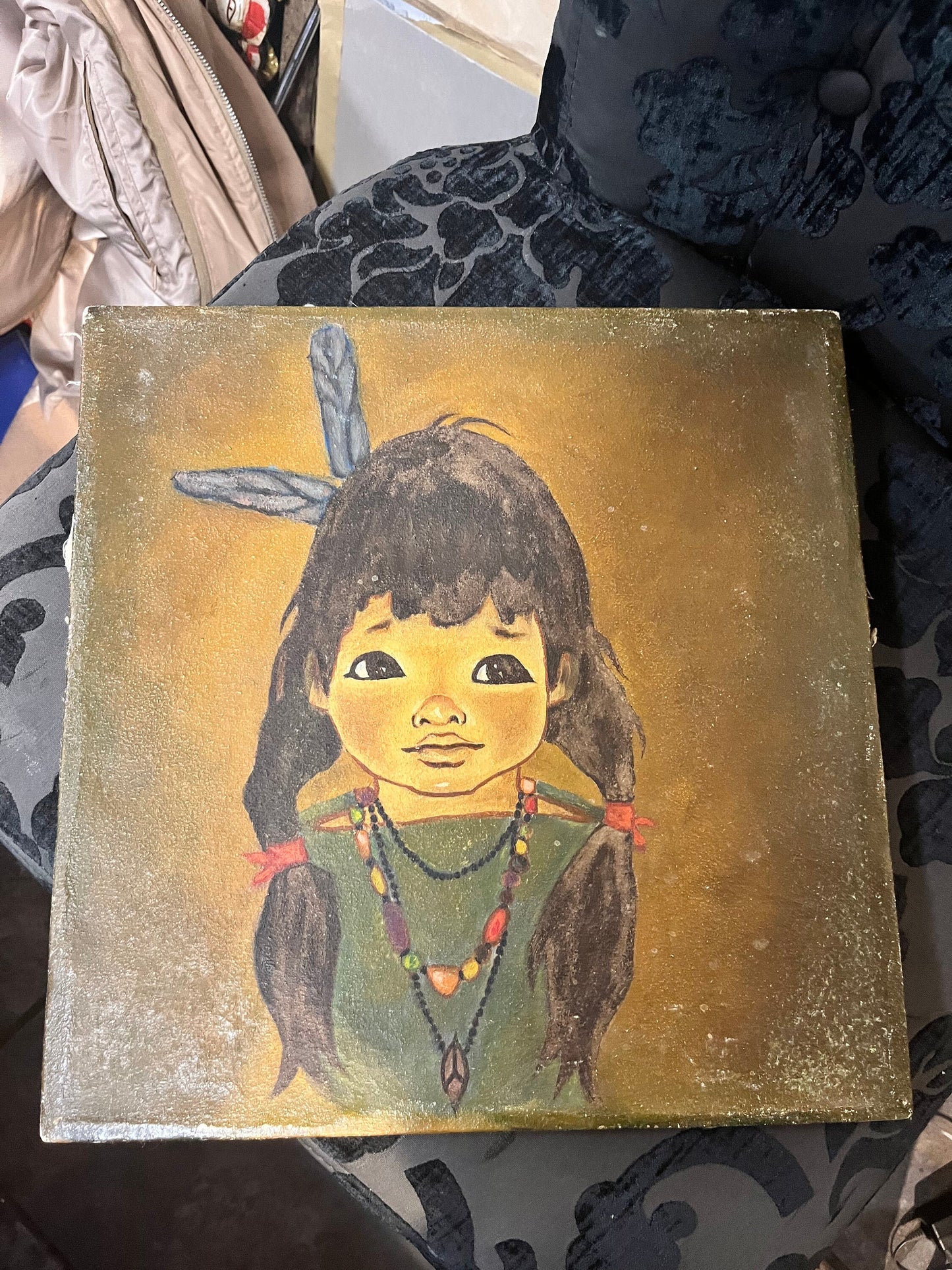 Indigenous 14 x 13 1920s oil painting  First Nations tribal girl  lovely detail
