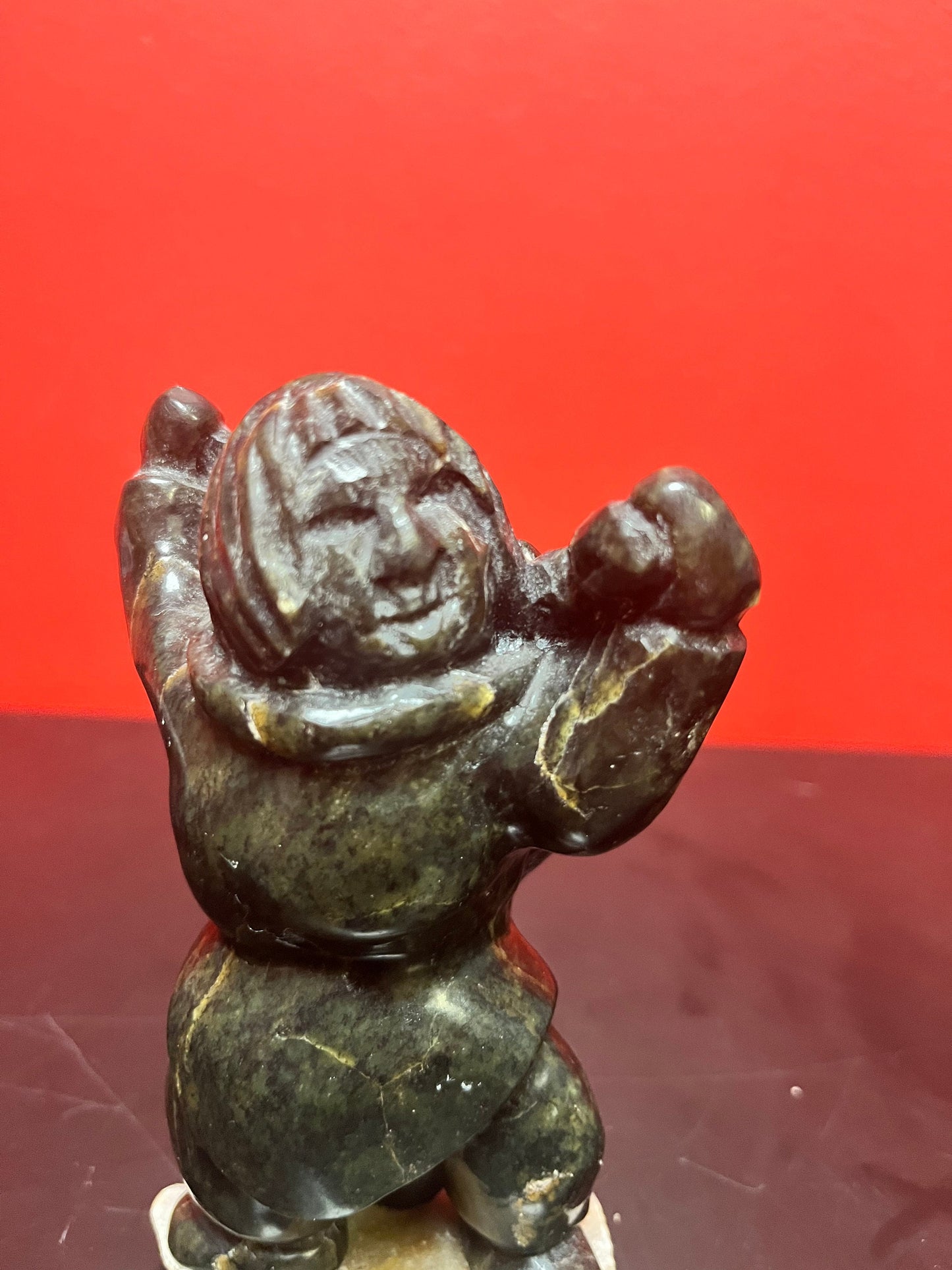 Beautiful 6 inch tall, vintage, indigenous, Inuit soap, stone statue of a hunter carrying child on Stone base   delicious piece