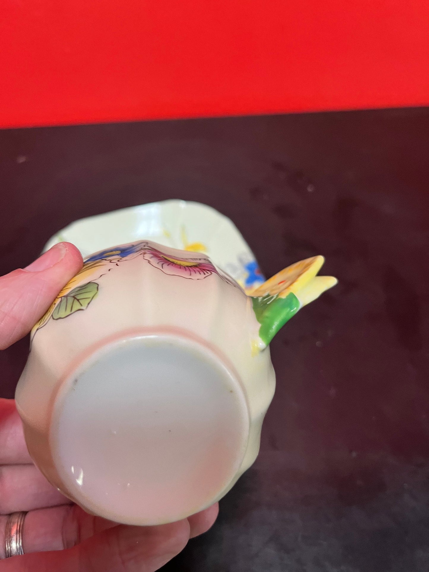 A  Rare unusual English cup and saucer with flower handle  lovely condition and a great price