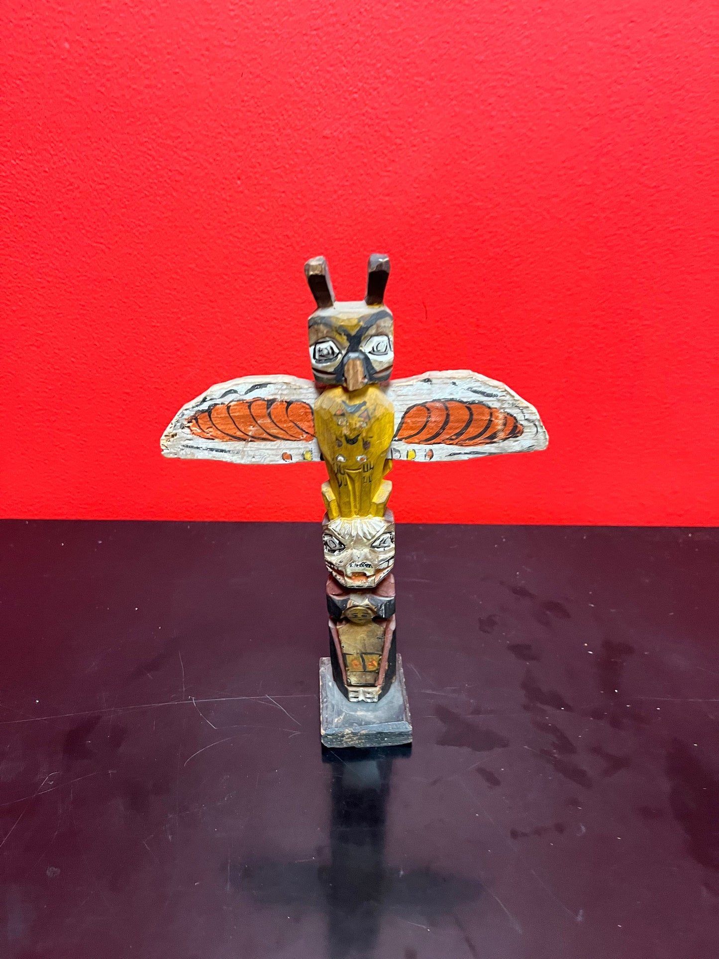 Very unusual antique indigenous, first nations, Pacific Northwest coast, polychrome painted owl transformation, totem pole! 9 inches
