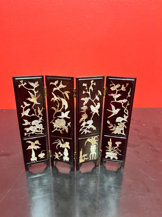 Stunning 7 x 6 high antique Chinese Rosewood miniature screen with mother of pearl inlay   4 seasons depicted- doll furniture?