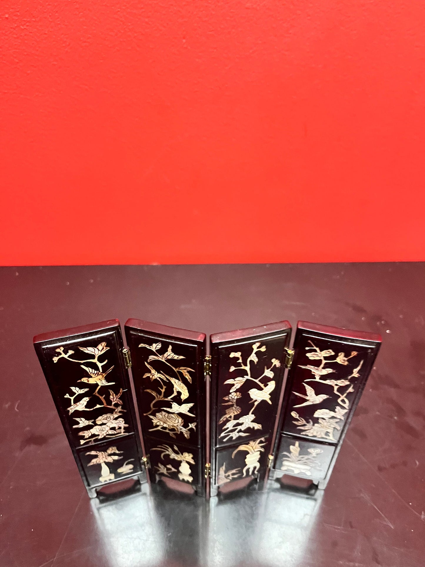 Stunning 7 x 6 high antique Chinese Rosewood miniature screen with mother of pearl inlay   4 seasons depicted- doll furniture?