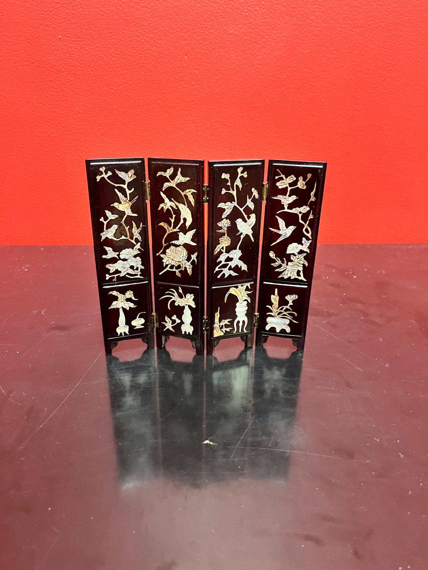 Stunning 7 x 6 high antique Chinese Rosewood miniature screen with mother of pearl inlay   4 seasons depicted- doll furniture?