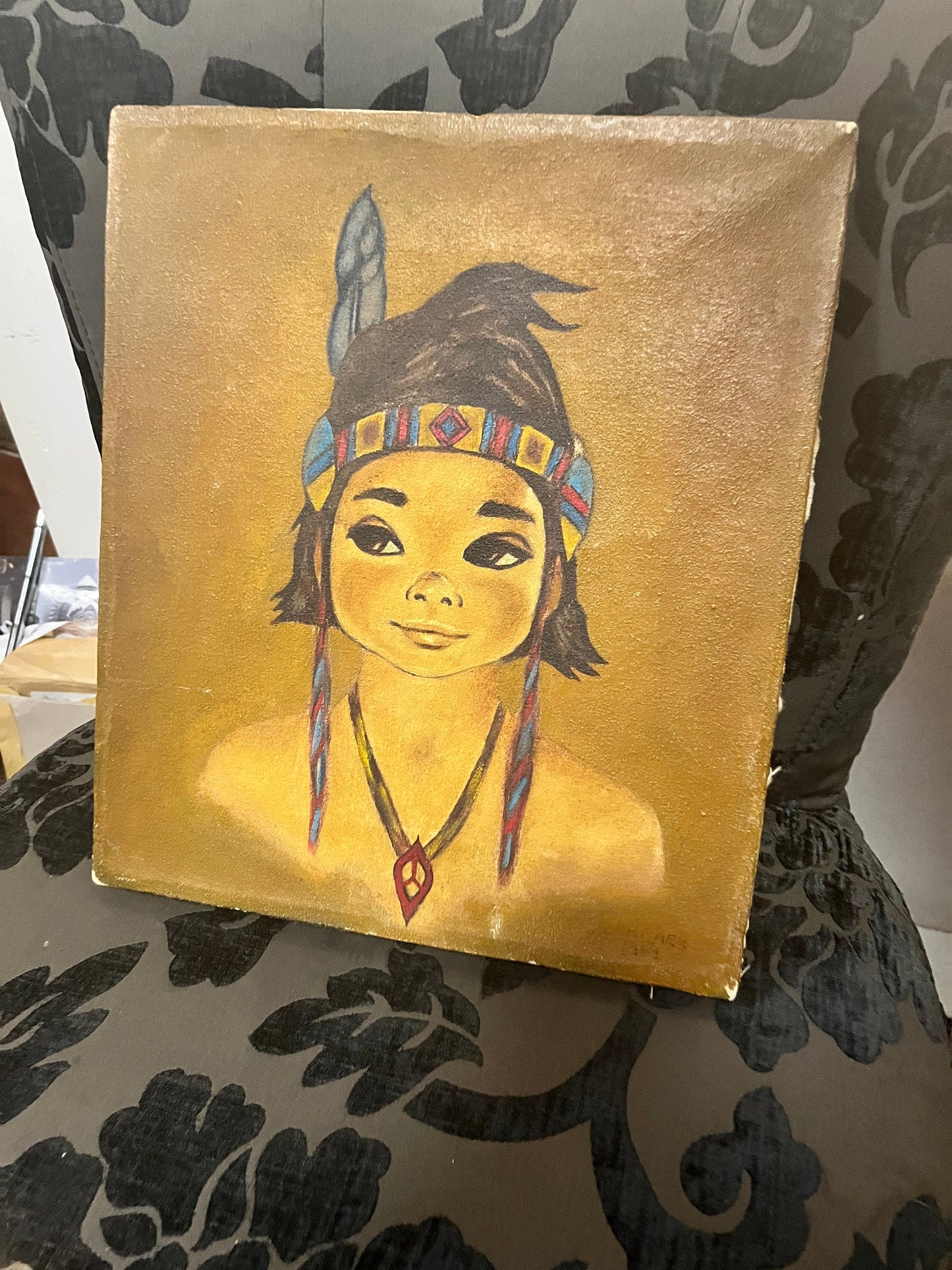 Absolutely fantastic original oil painting 14 x 12 inches on canvas  indigenous Canadians first nations  oil painting of tribal boy  wow