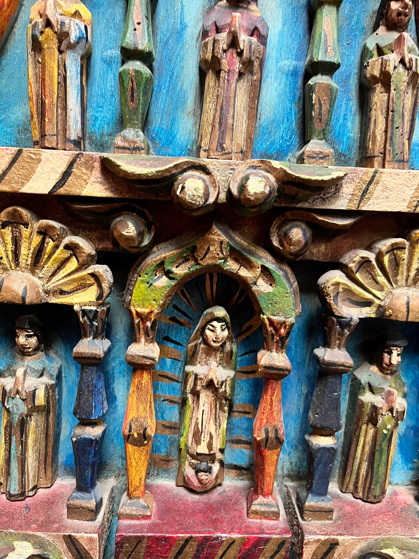 Stunning south American museum quality antique super old religious shrine or wall hanging 22 x 15 x 3- wonderful polychrome piece