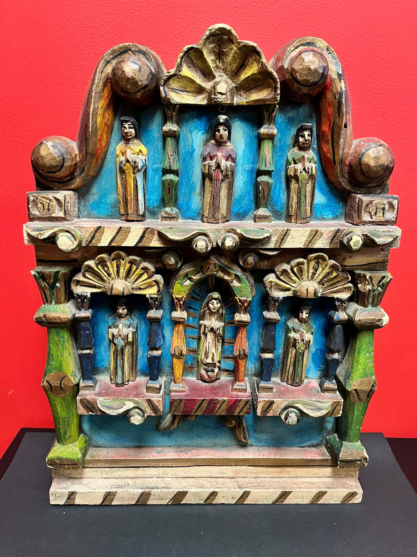 Stunning south American museum quality antique super old religious shrine or wall hanging 22 x 15 x 3- wonderful polychrome piece