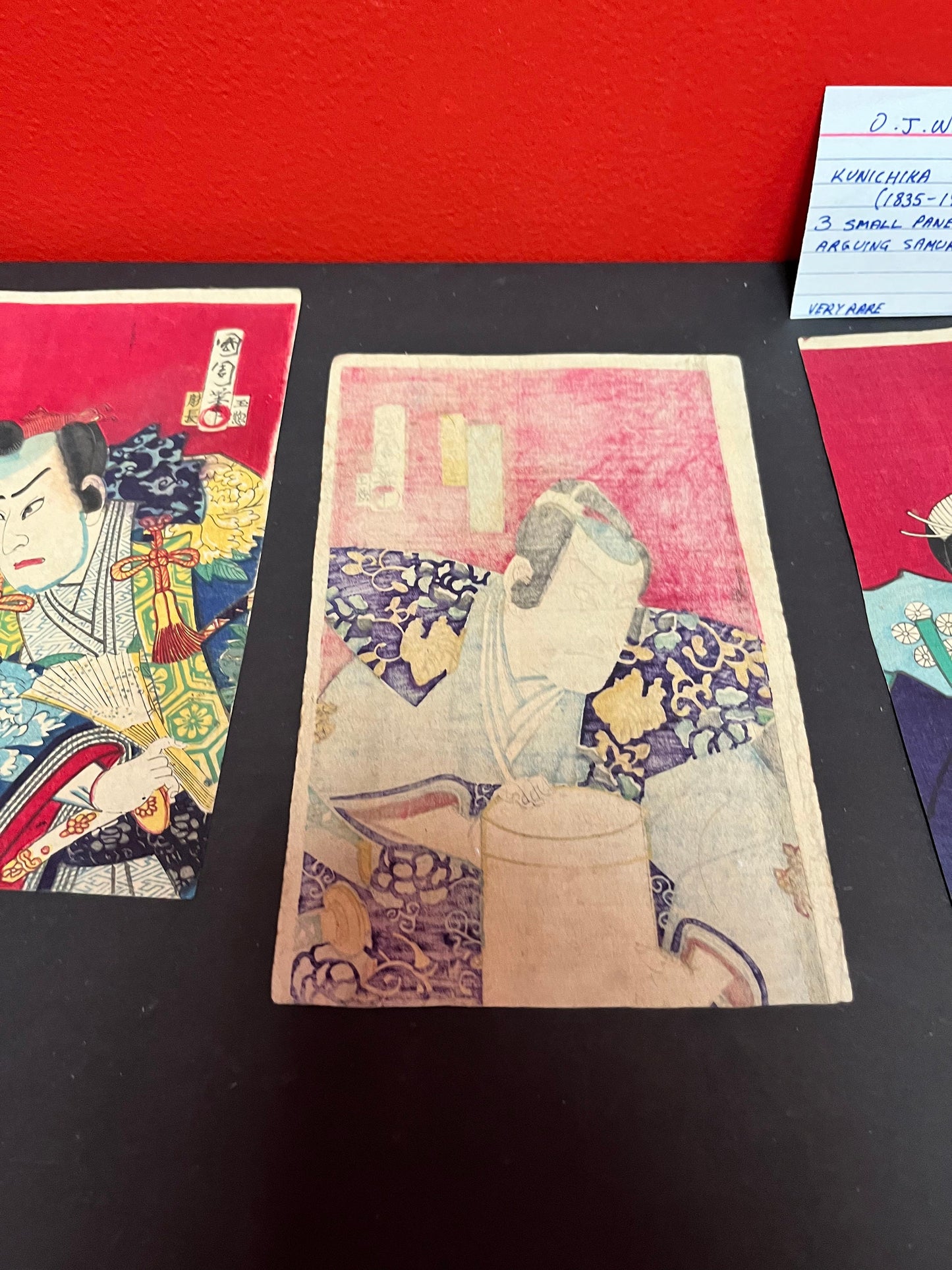 Utagawa kunichika 1835 - 1900 silk panels 3 arguing samurai - each approximate 8 by 4 inches rare set