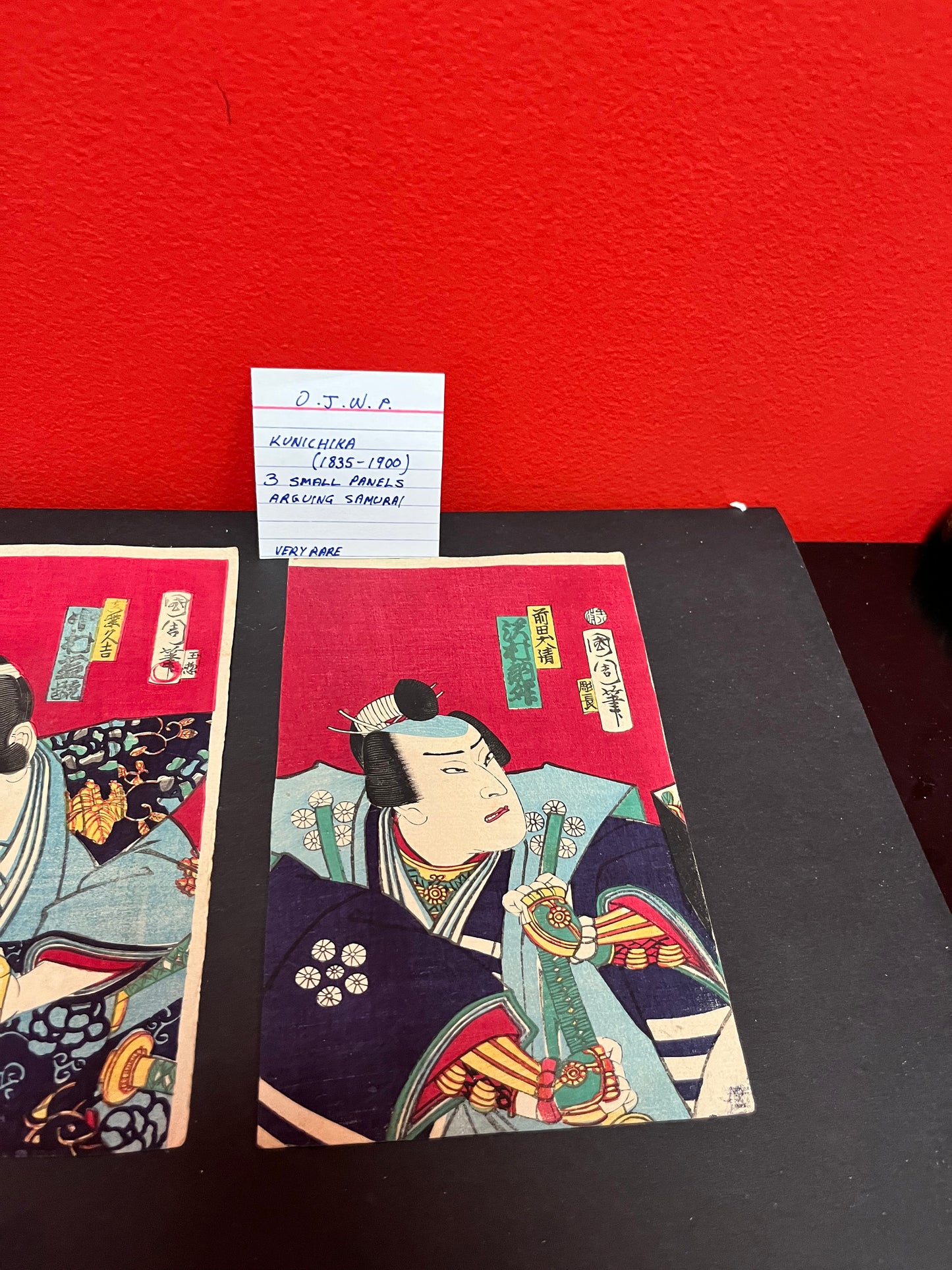 Utagawa kunichika 1835 - 1900 silk panels 3 arguing samurai - each approximate 8 by 4 inches rare set