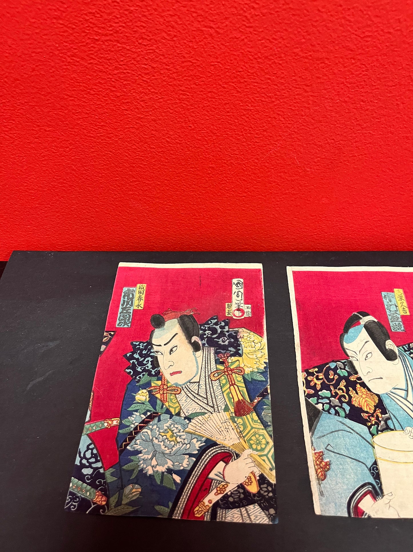 Utagawa kunichika 1835 - 1900 silk panels 3 arguing samurai - each approximate 8 by 4 inches rare set