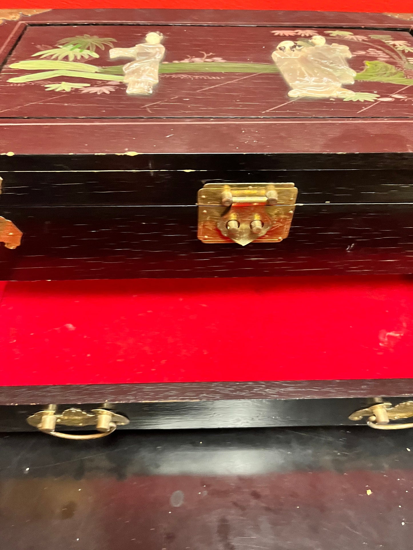 A 15 x 9 x 7 high lodge, Japanese wood brass and hard-stone Jewelry box with velvet lining