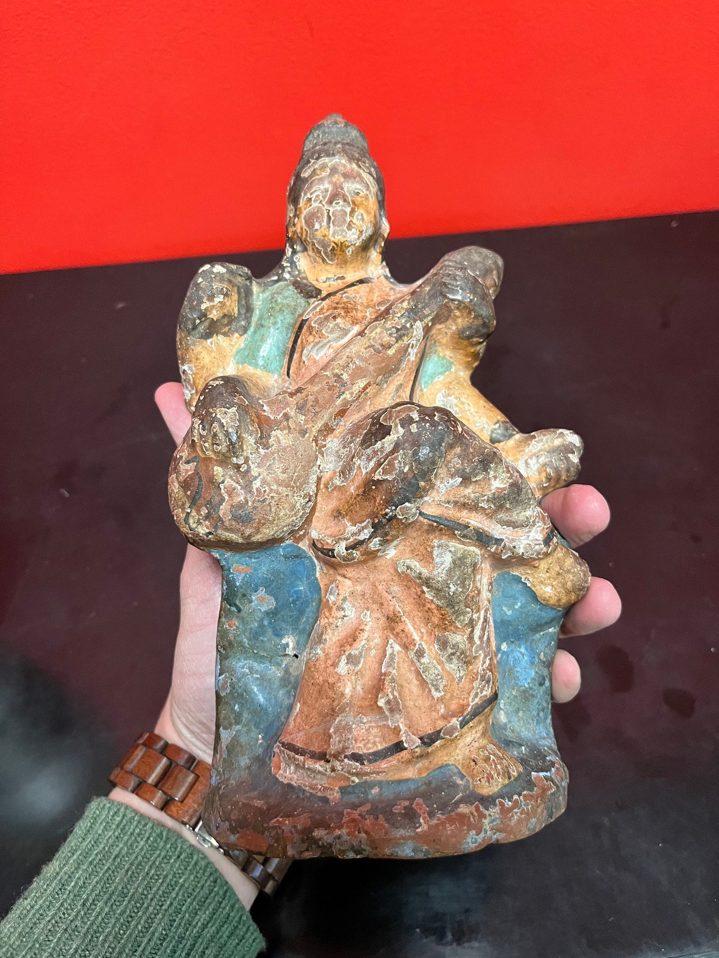 Stunning, rare museum quality, 10 inch high polychrome painted terra-cotta Chinese emperor   believed to be tang dynasty magical