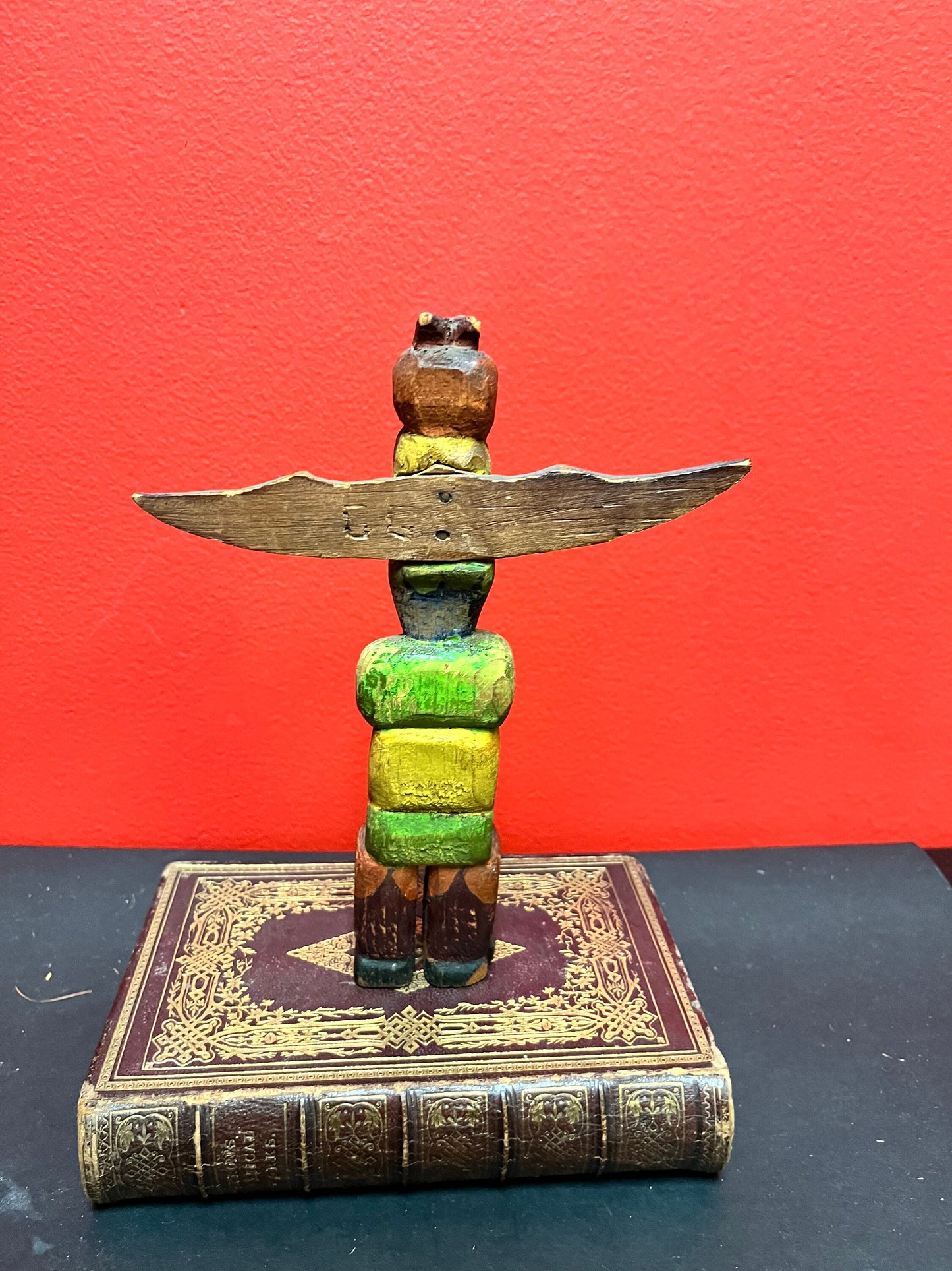 Fabulous antique 7 1/2 x 6 wide indigenous first nations pacific northwest coast polychrome totem  super old and rare  signed