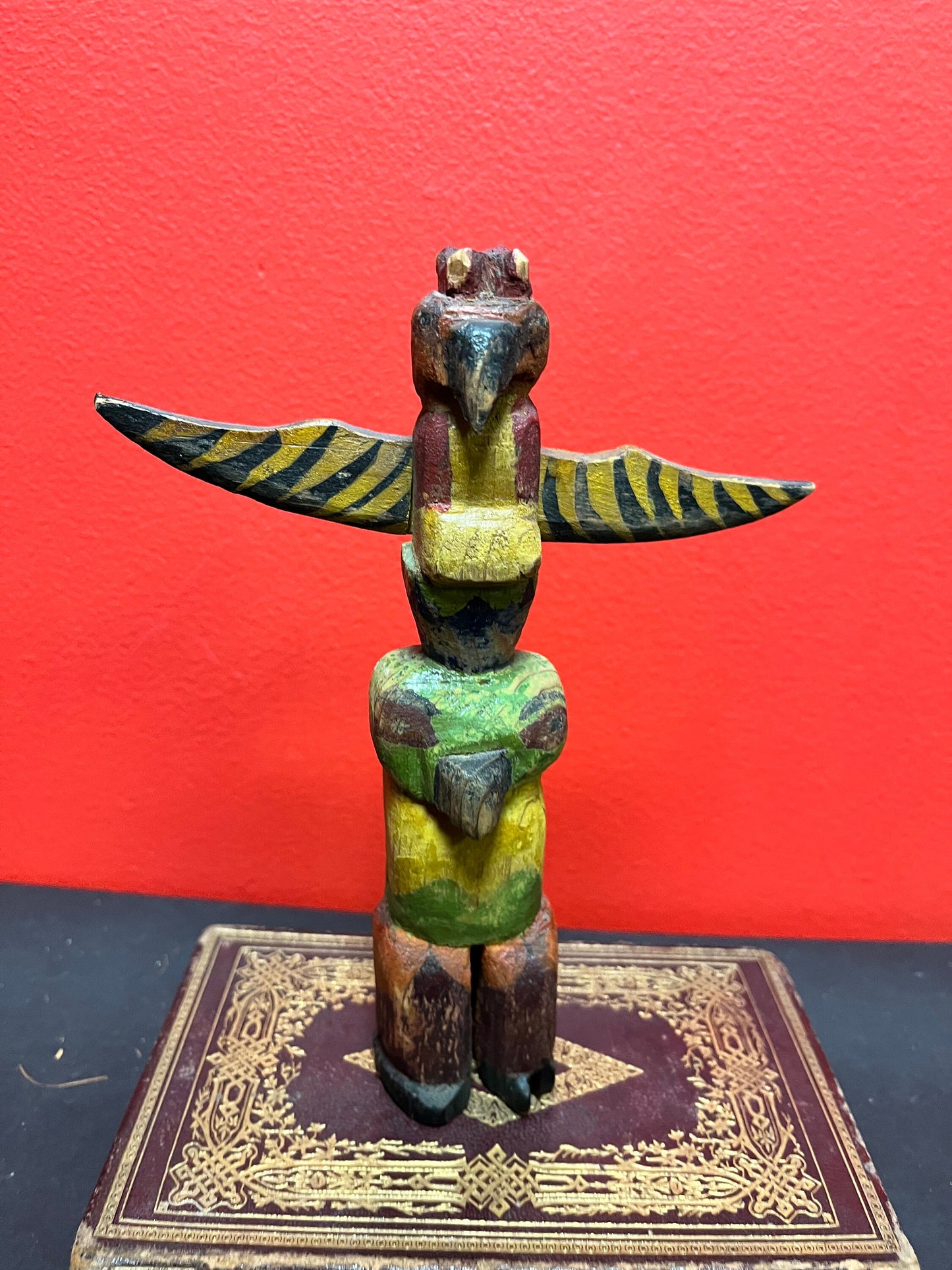 Fabulous antique 7 1/2 x 6 wide indigenous first nations pacific northwest coast polychrome totem  super old and rare  signed