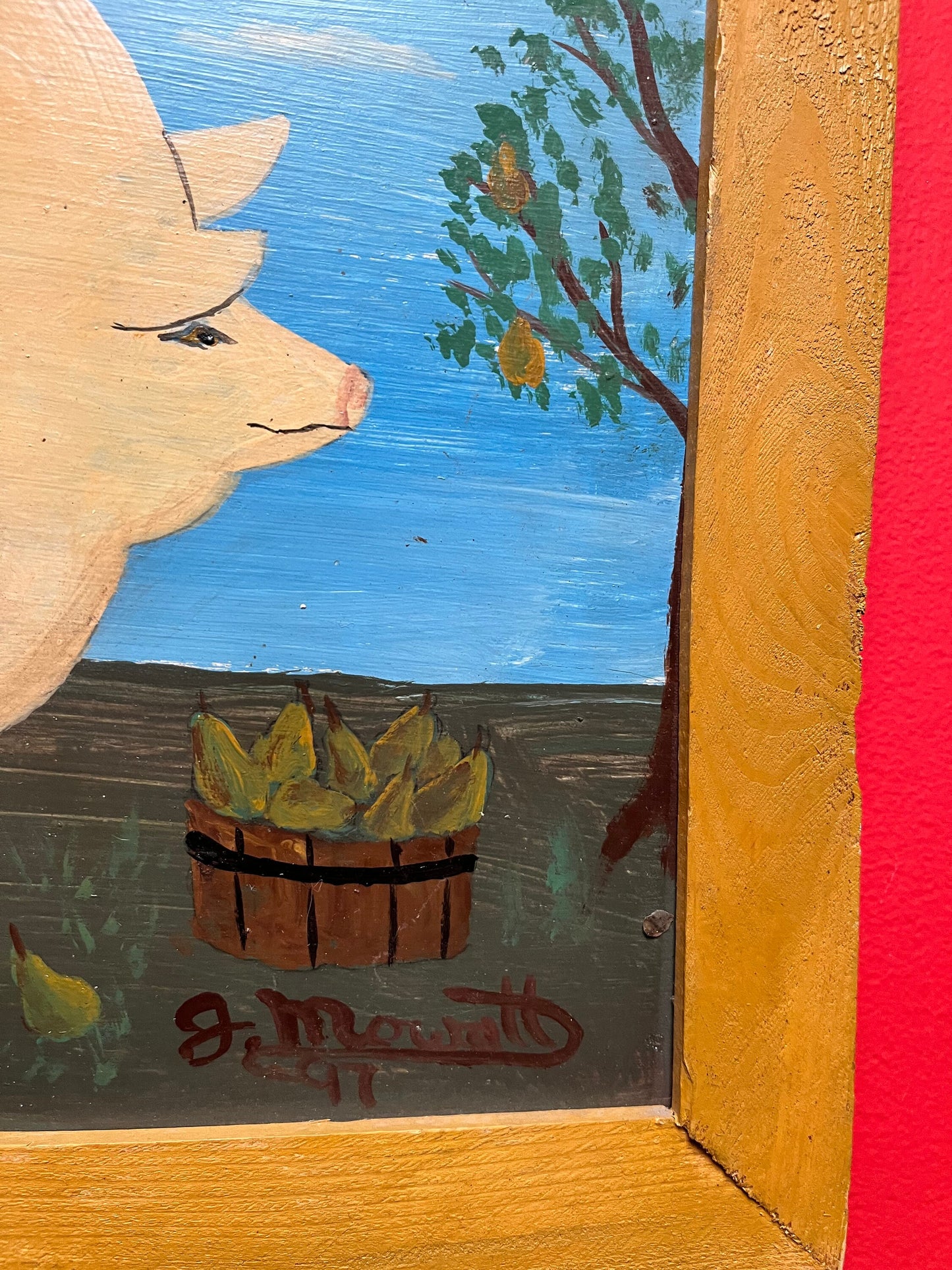 20 x 14 high late 20th century West Coast Canadian signed folk art piggy painting on board farm cool