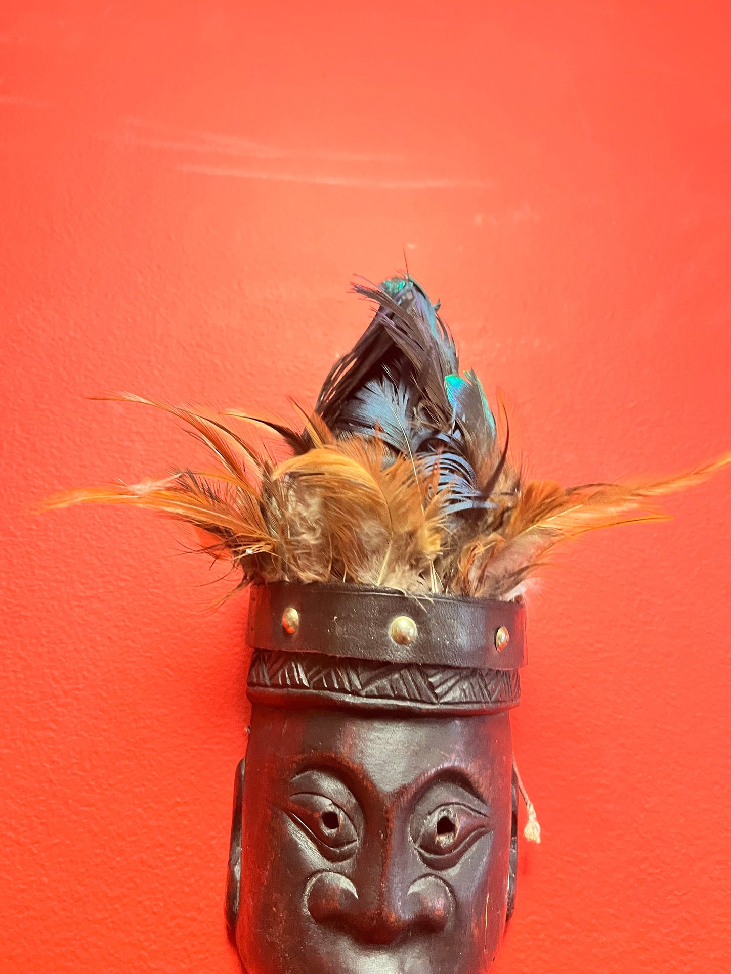 Crazy cool 10 inch high wood and peacock feather South Pacific island mask 10 inches tall
