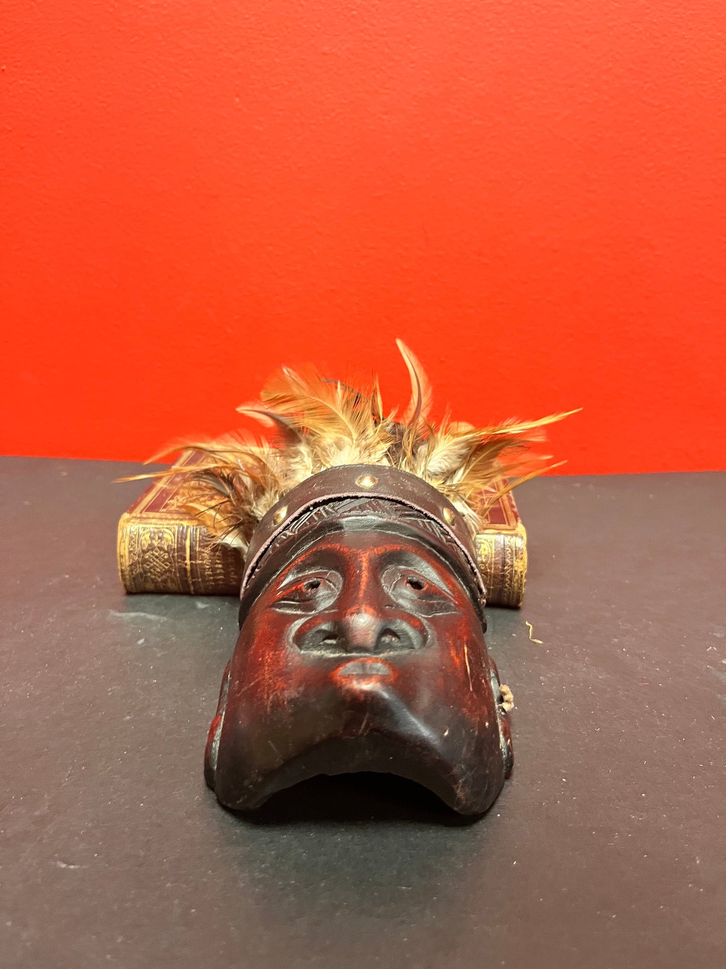 Crazy cool 10 inch high wood and peacock feather South Pacific island mask 10 inches tall